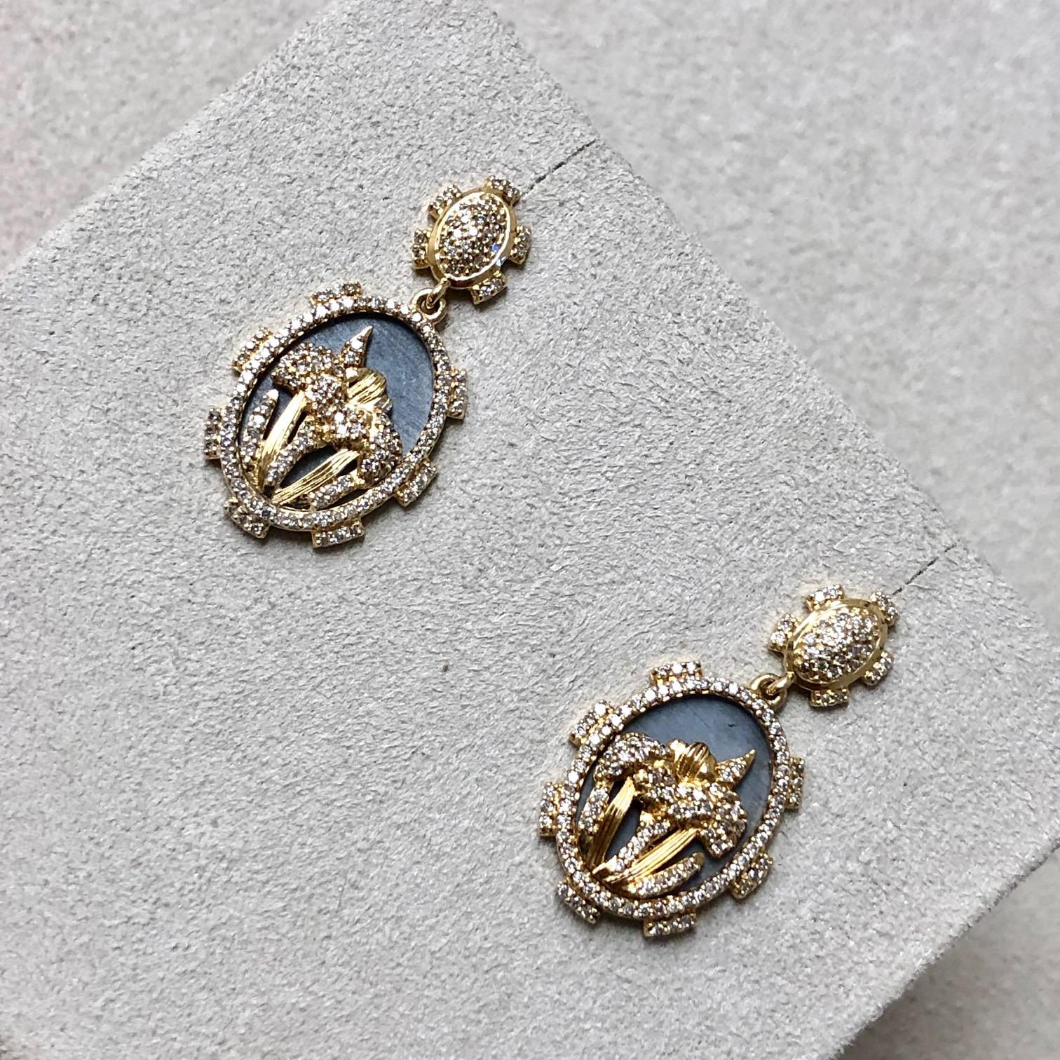 Syna Yellow Gold & Oxidized Silver Iris Flower Earrings with Champagne Diamonds 6