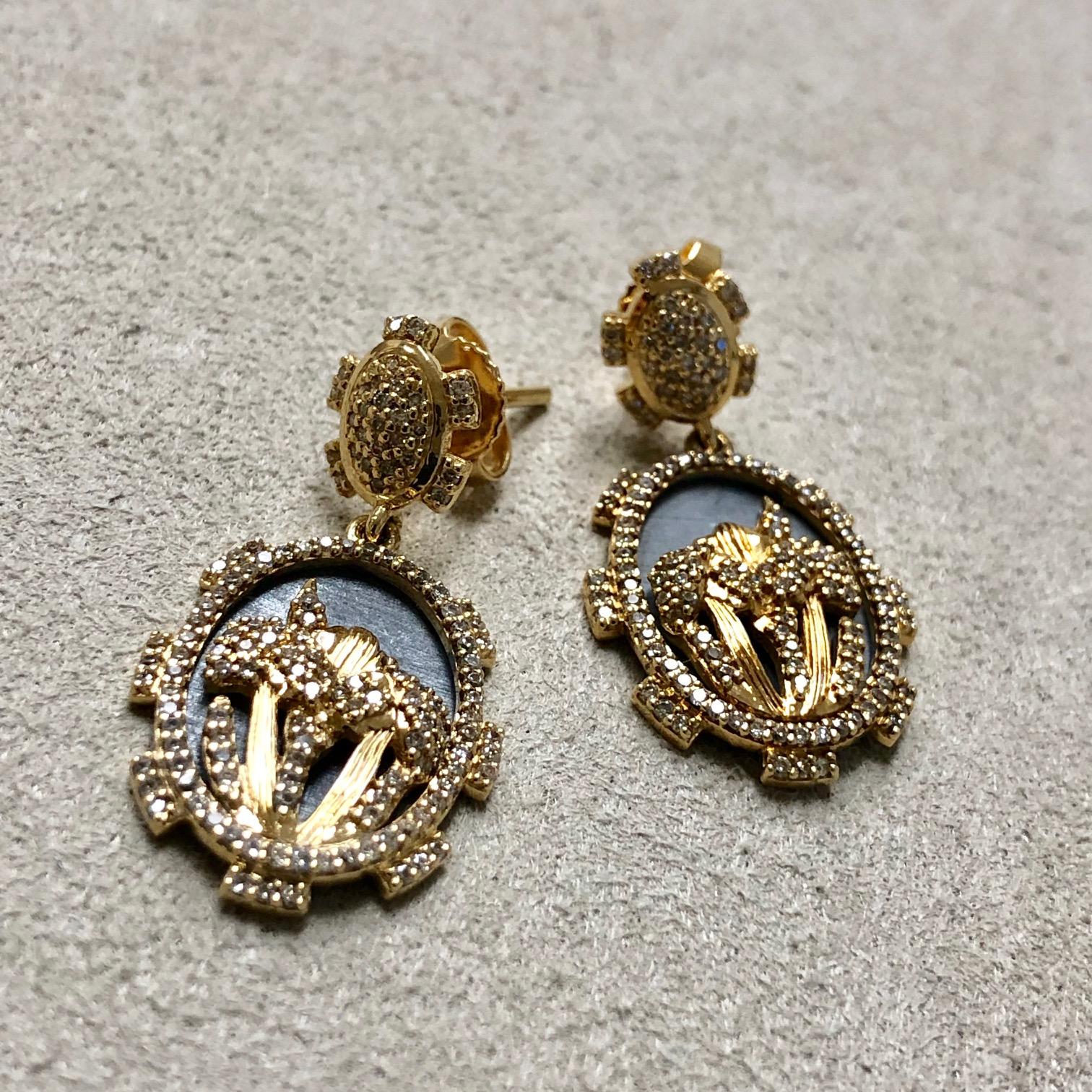 Syna Yellow Gold & Oxidized Silver Iris Flower Earrings with Champagne Diamonds 3