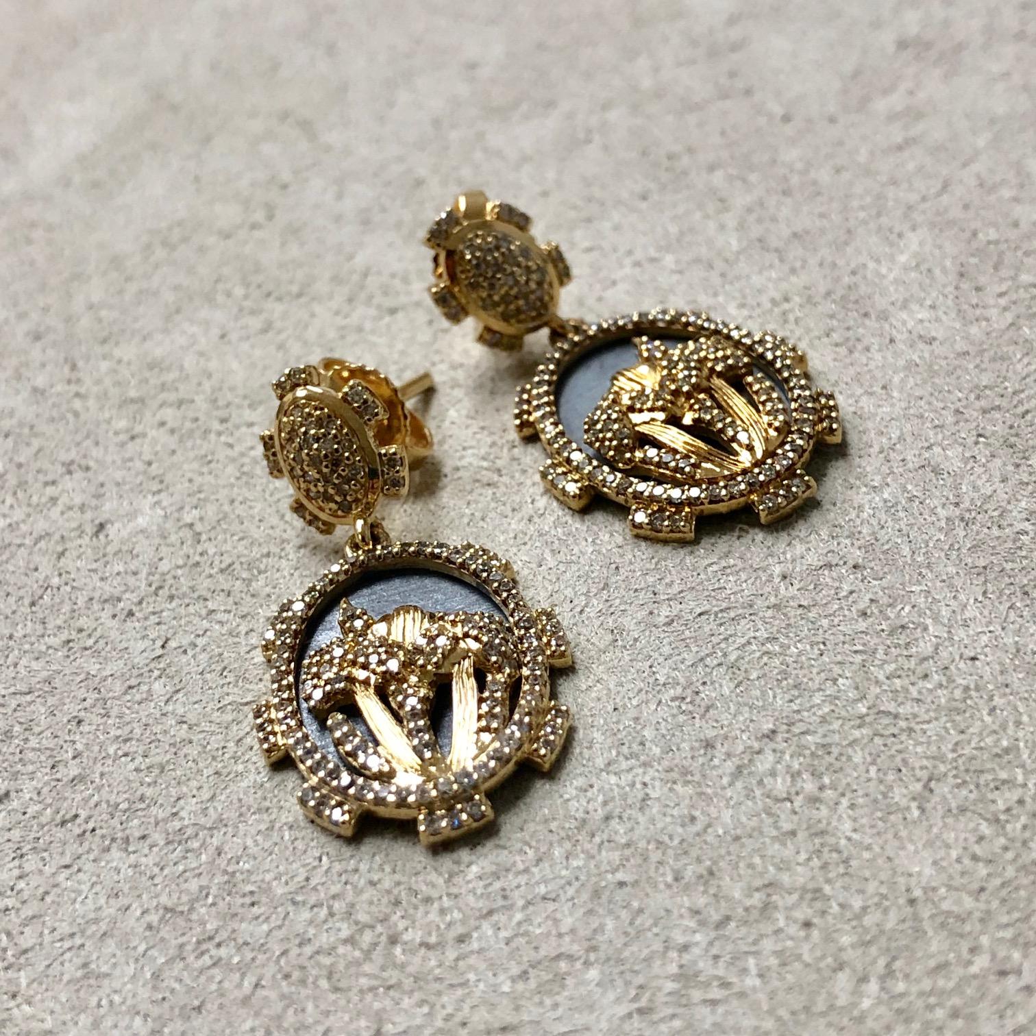 Syna Yellow Gold & Oxidized Silver Iris Flower Earrings with Champagne Diamonds 4