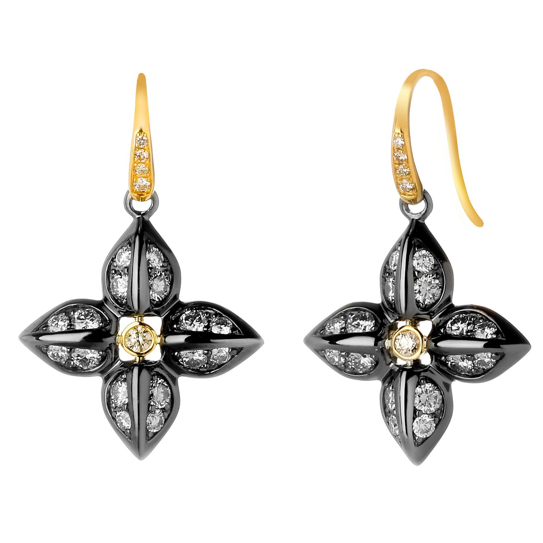Syna Yellow Gold Oxidized Silver Love Flower Earrings For Sale
