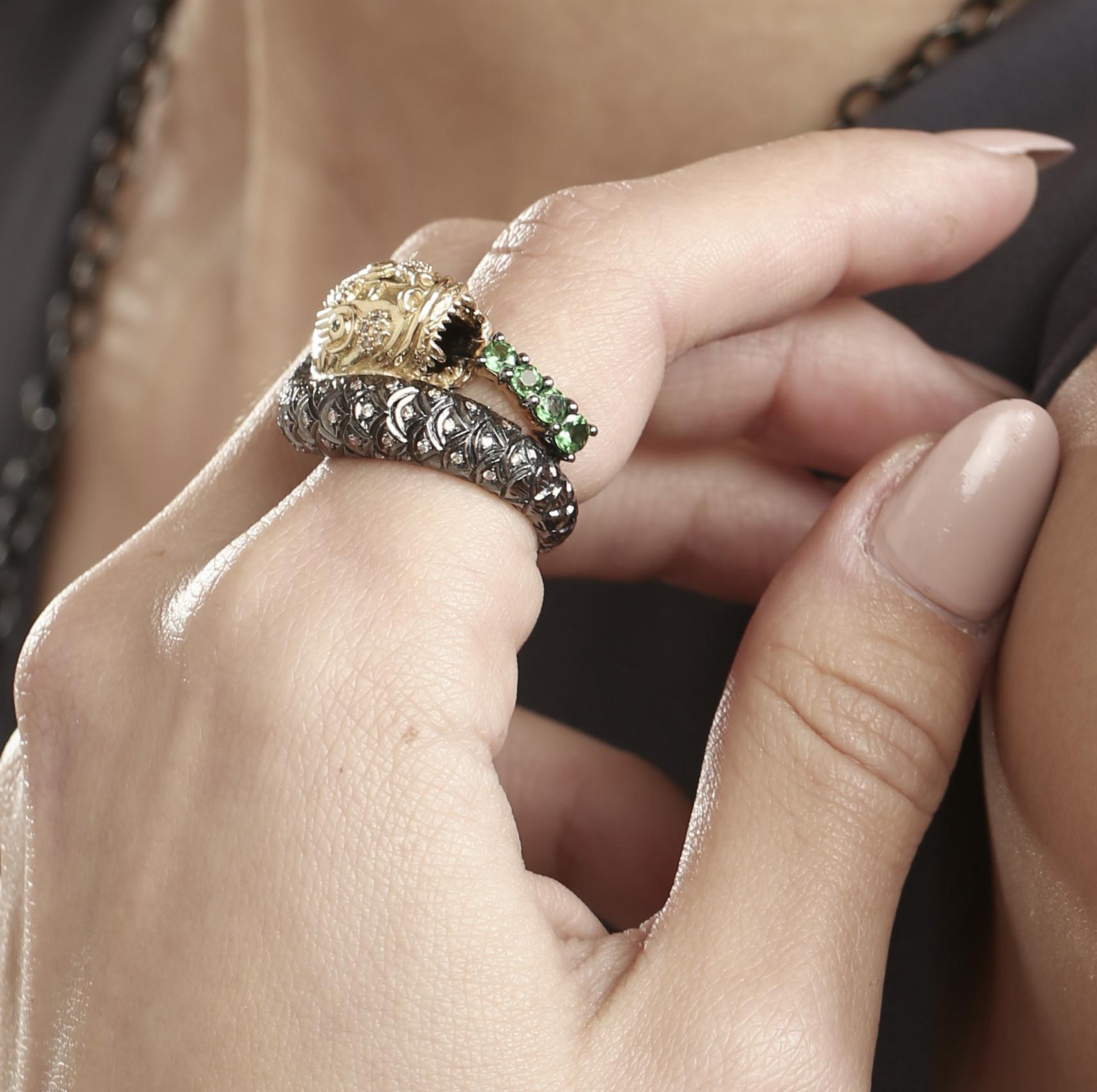 Round Cut Syna Gold Oxidized Silver Snake Ring with Tsavorite and Diamonds For Sale