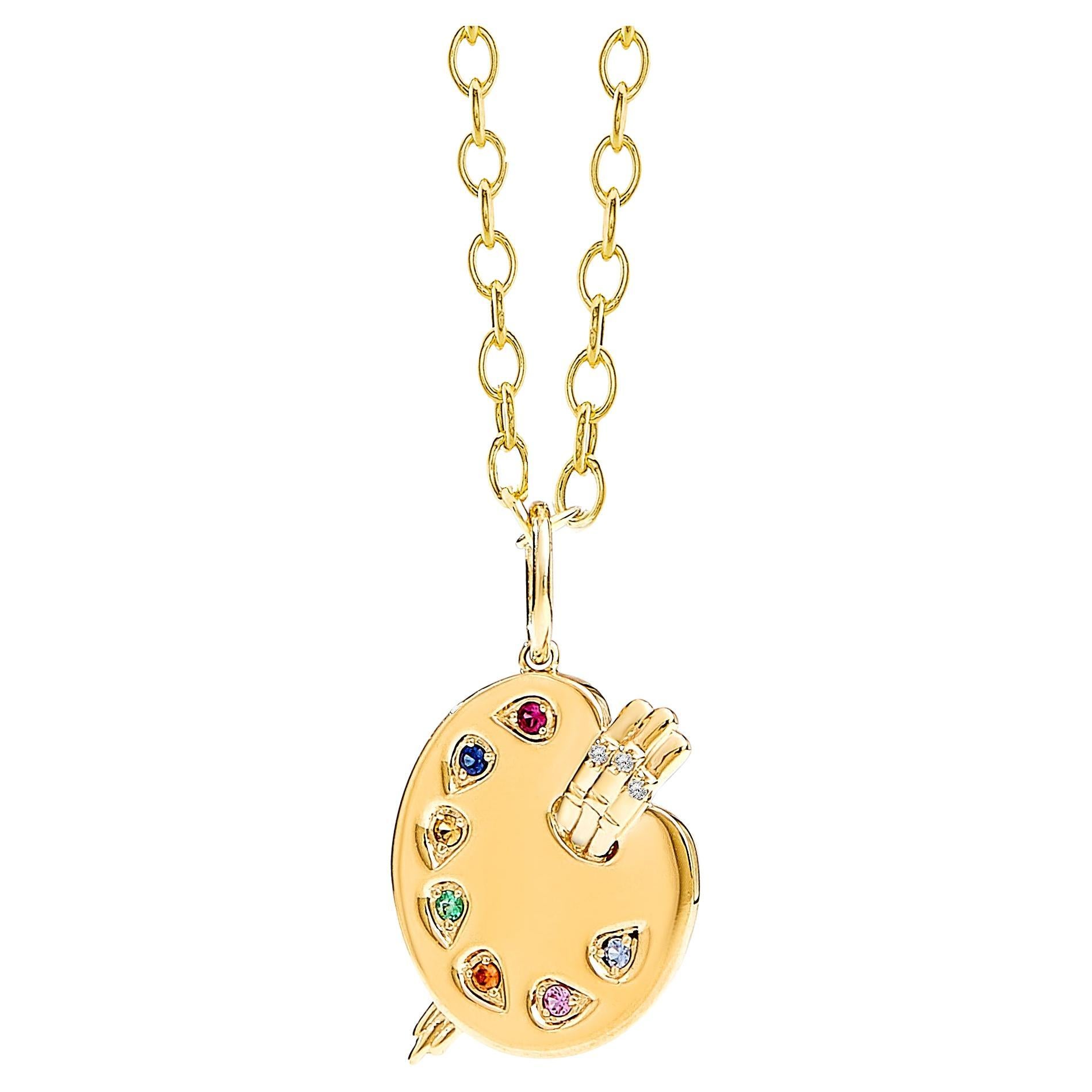 Syna Pendentif palette de peinture en or jaune avec saphirs et diamants