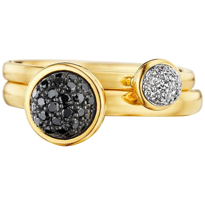 Syna Yellow Gold Pair of Stacking Rings with Black and White Diamonds For Sale