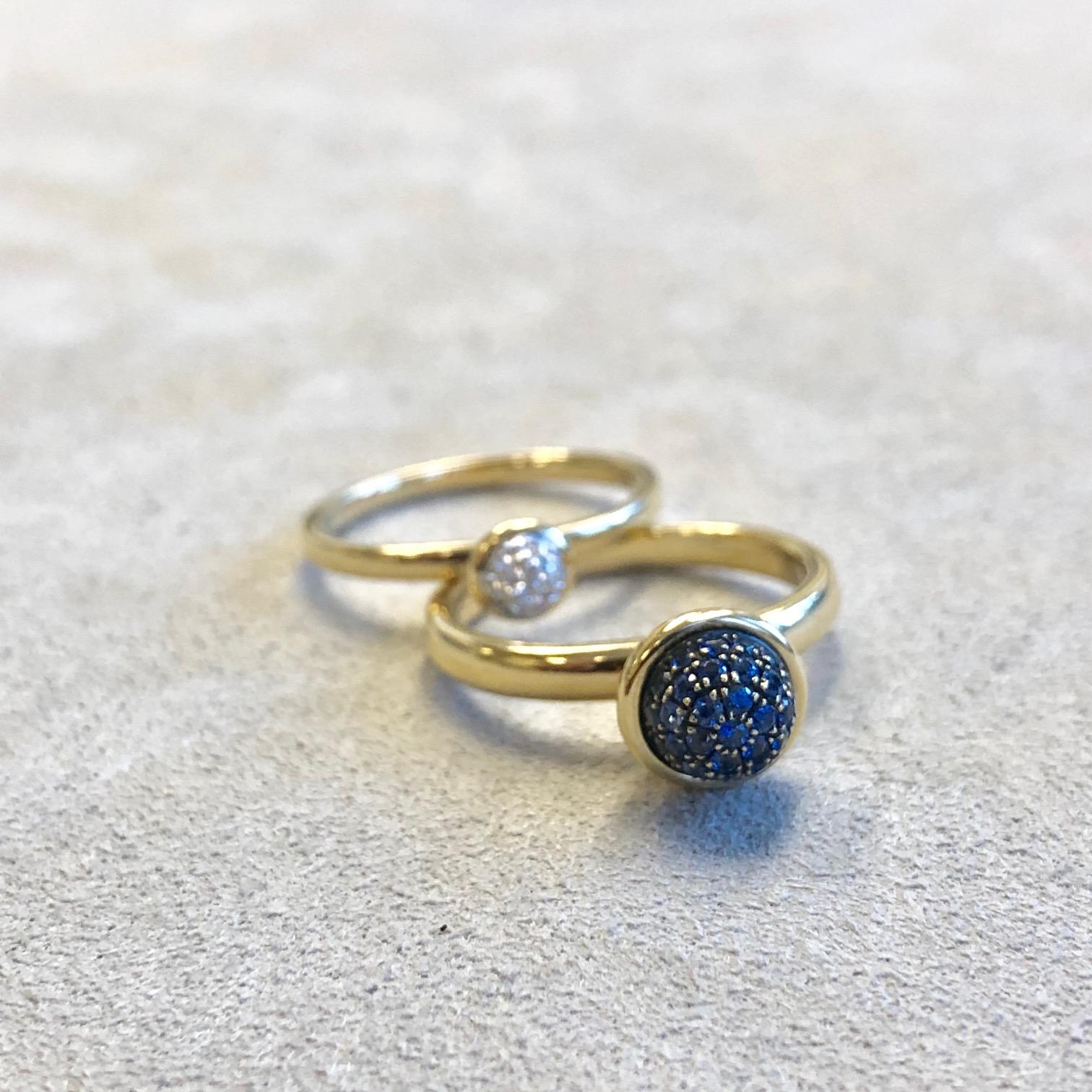 Contemporary Syna Yellow Gold Pair of Stacking Rings with Blue Sapphire and Diamonds For Sale