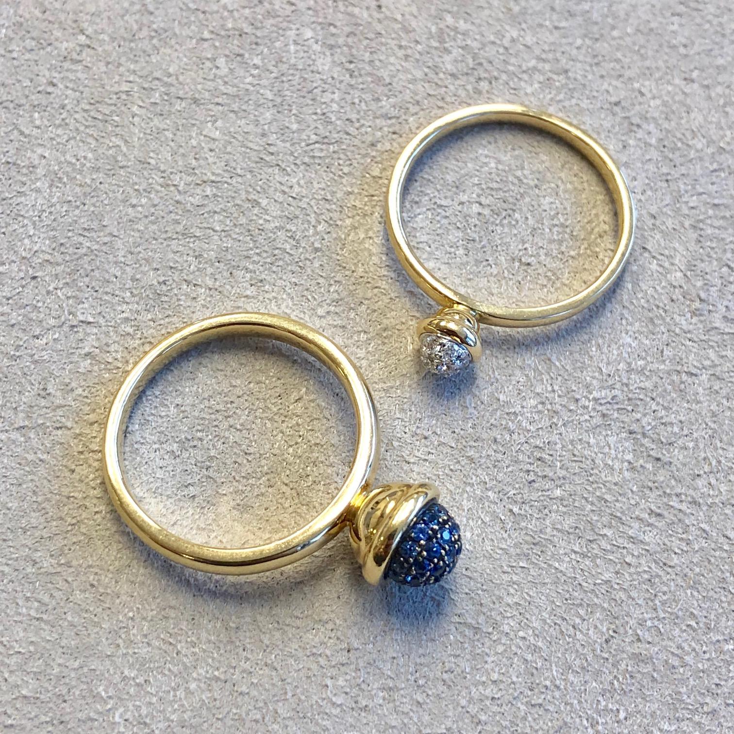 Round Cut Syna Yellow Gold Pair of Stacking Rings with Blue Sapphire and Diamonds For Sale