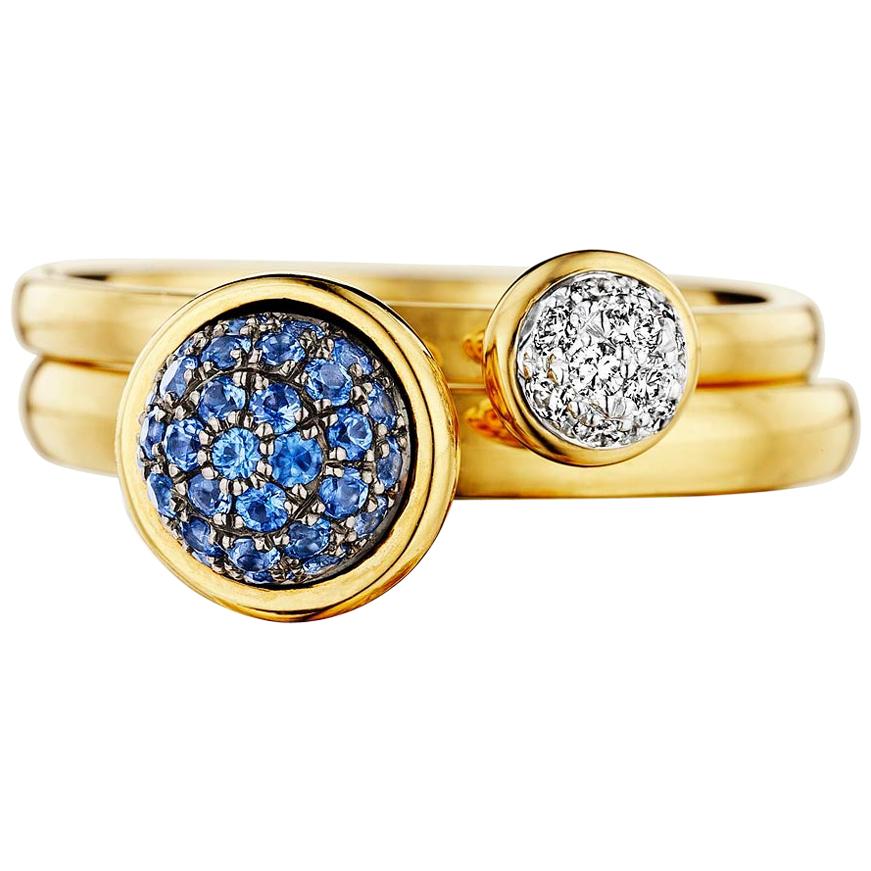 Syna Yellow Gold Pair of Stacking Rings with Blue Sapphire and Diamonds