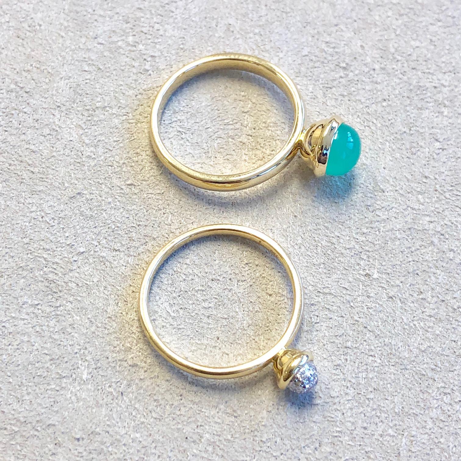 Syna Yellow Gold Pair of Stacking Rings with Chrysoprase and Diamonds In New Condition For Sale In Fort Lee, NJ