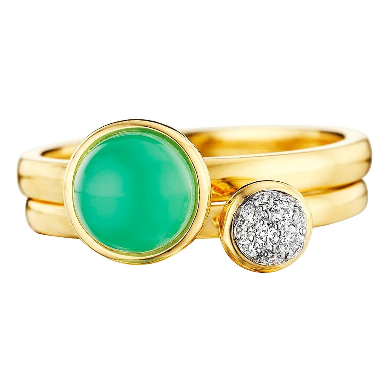 Syna Yellow Gold Pair of Stacking Rings with Chrysoprase and Diamonds