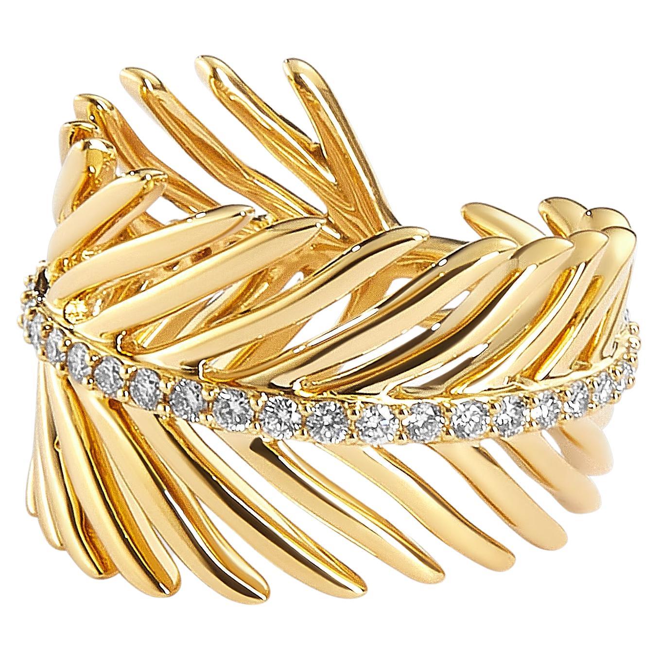Syna Yellow Gold Palm Leaf Band with Diamonds For Sale