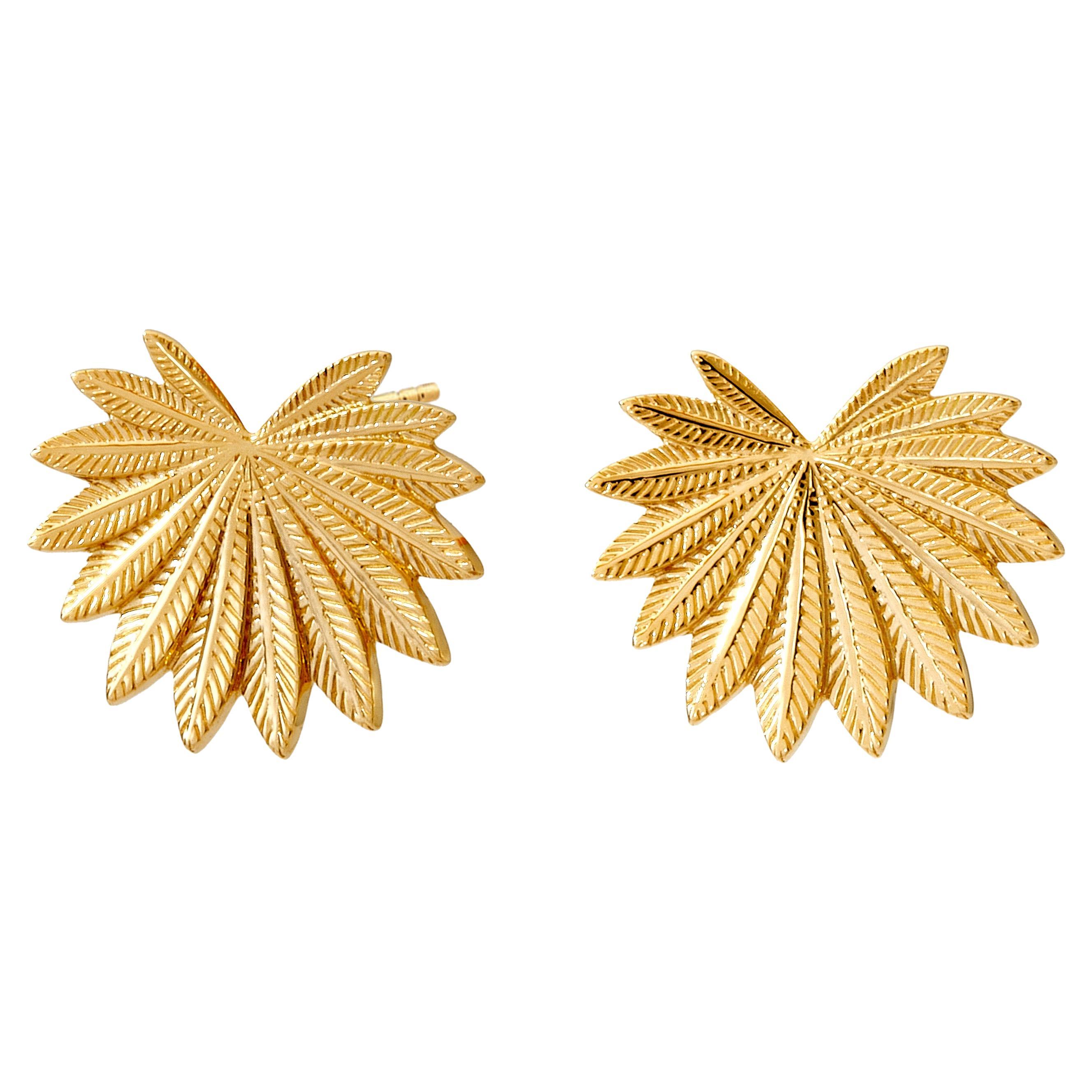 Syna Yellow Gold Palm Leaf Earrings For Sale