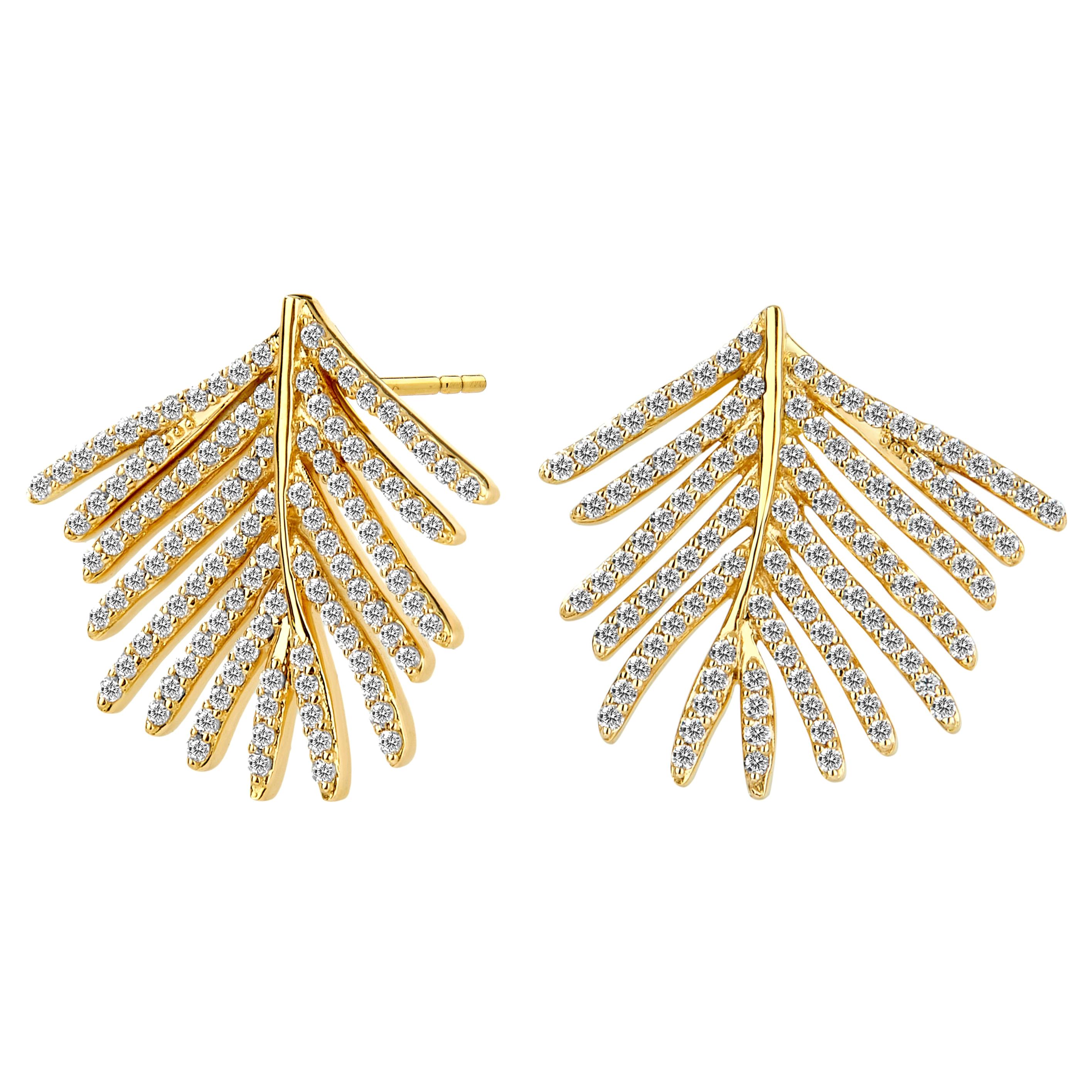 Syna Yellow Gold Palm Leaf Earrings with Diamonds For Sale