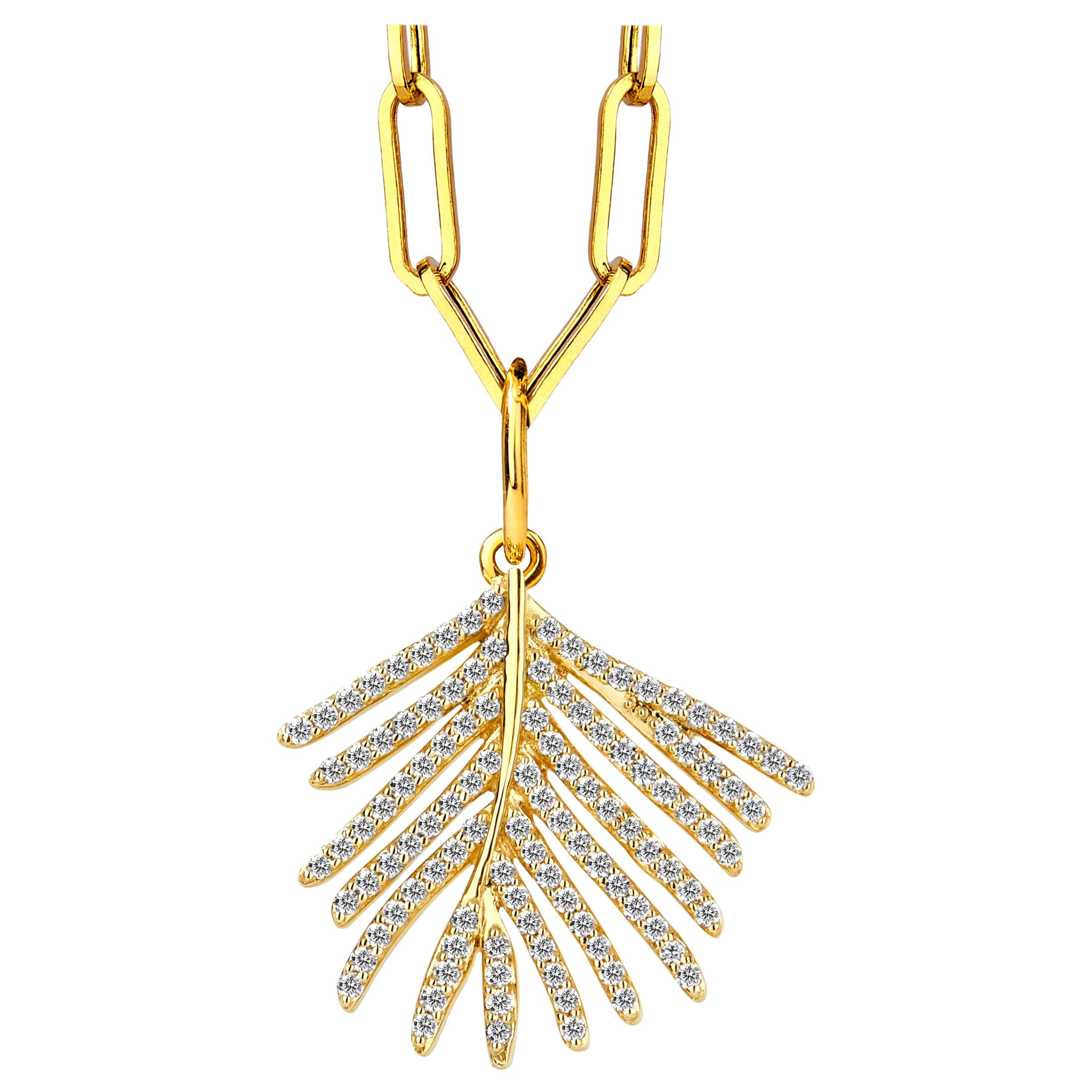 Syna Yellow Gold Palm Leaf Pendant with Diamonds For Sale