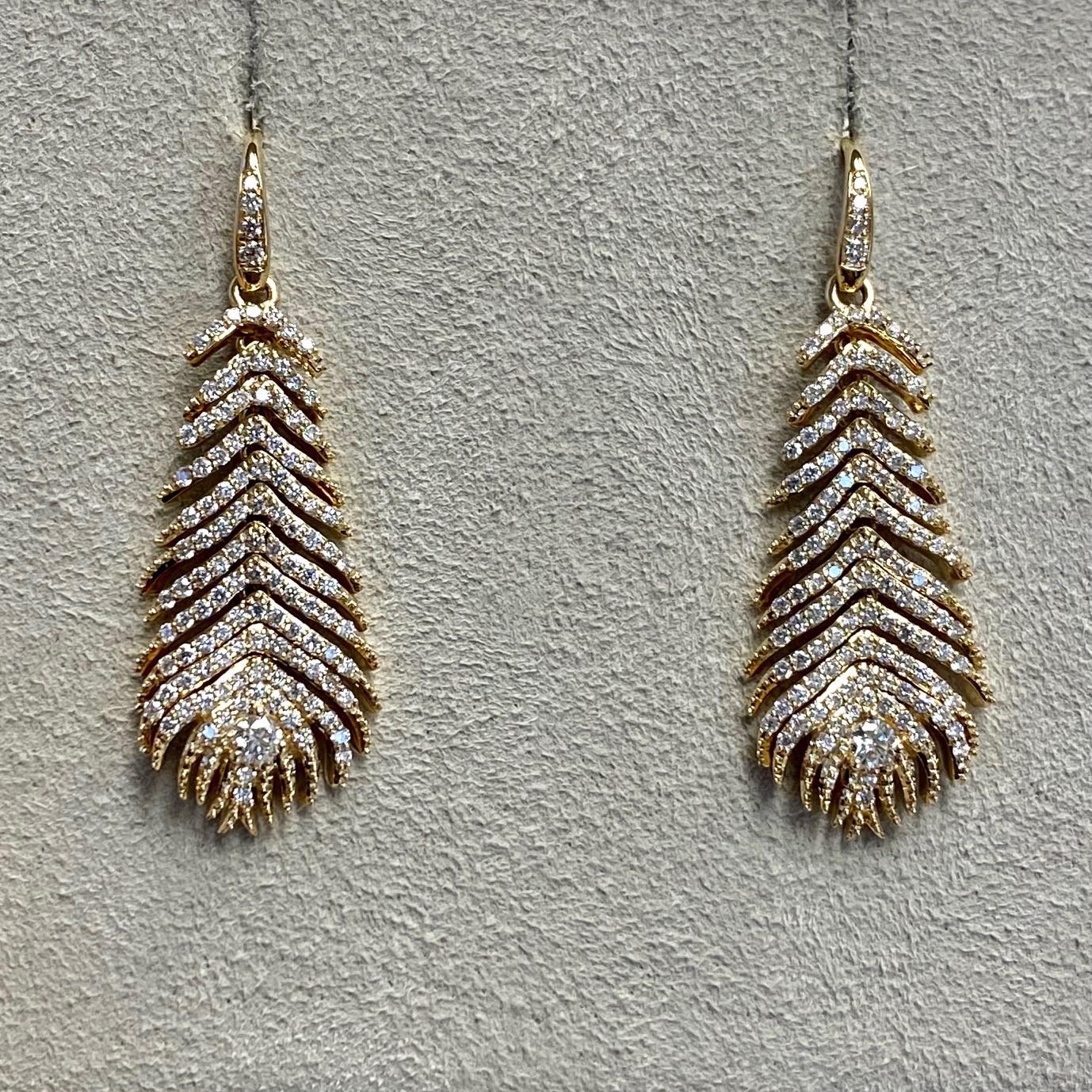 Contemporary Syna Yellow Gold Peacock Feather Earrings with Champagne Diamonds
