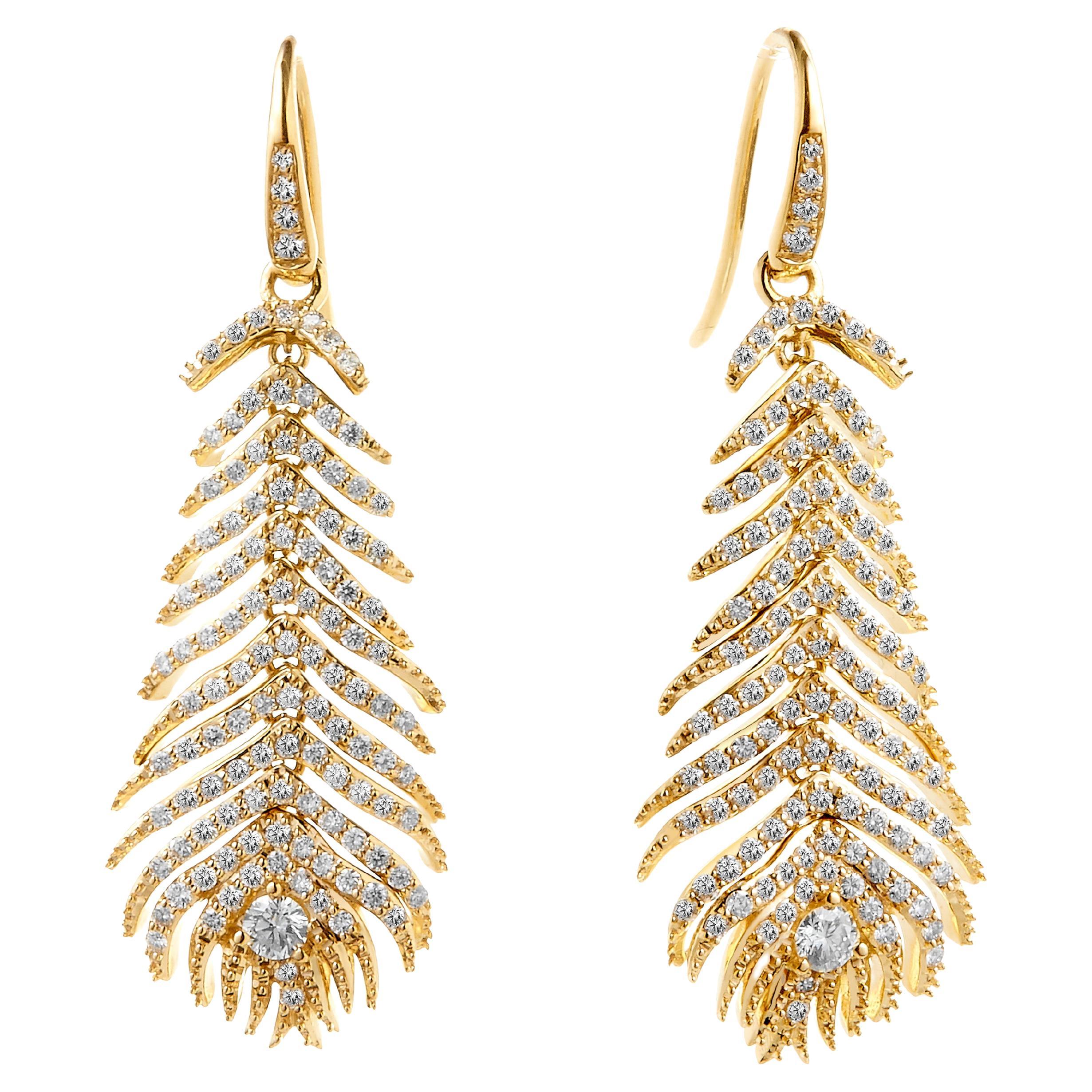 Syna Yellow Gold Peacock Feather Earrings with Champagne Diamonds