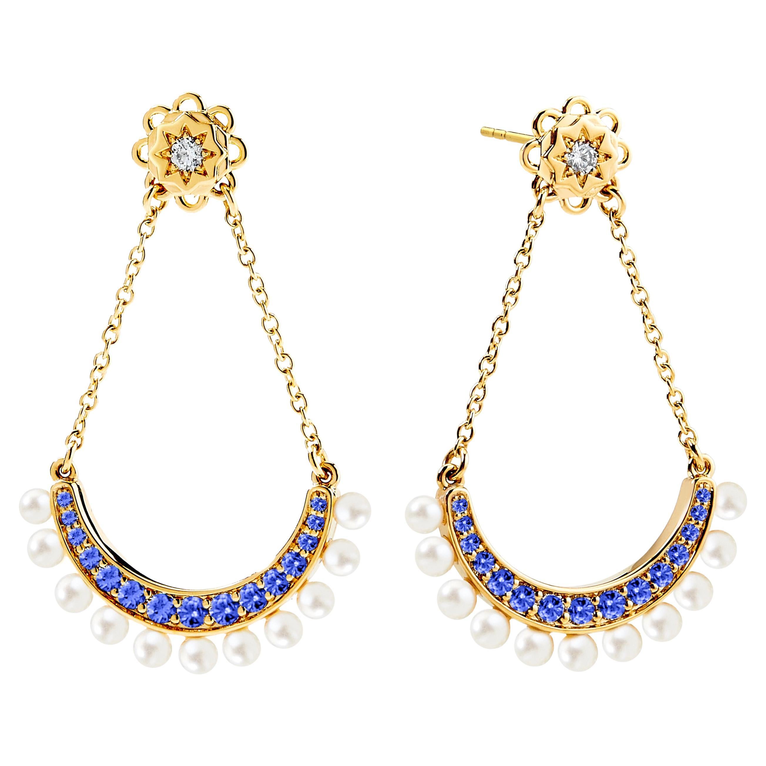 Syna Yellow Gold Pearl and Blue Sapphire Earrings with Diamonds For Sale