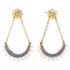 Syna Boucles d'oreilles en or jaune, perles et saphirs bleus avec diamants