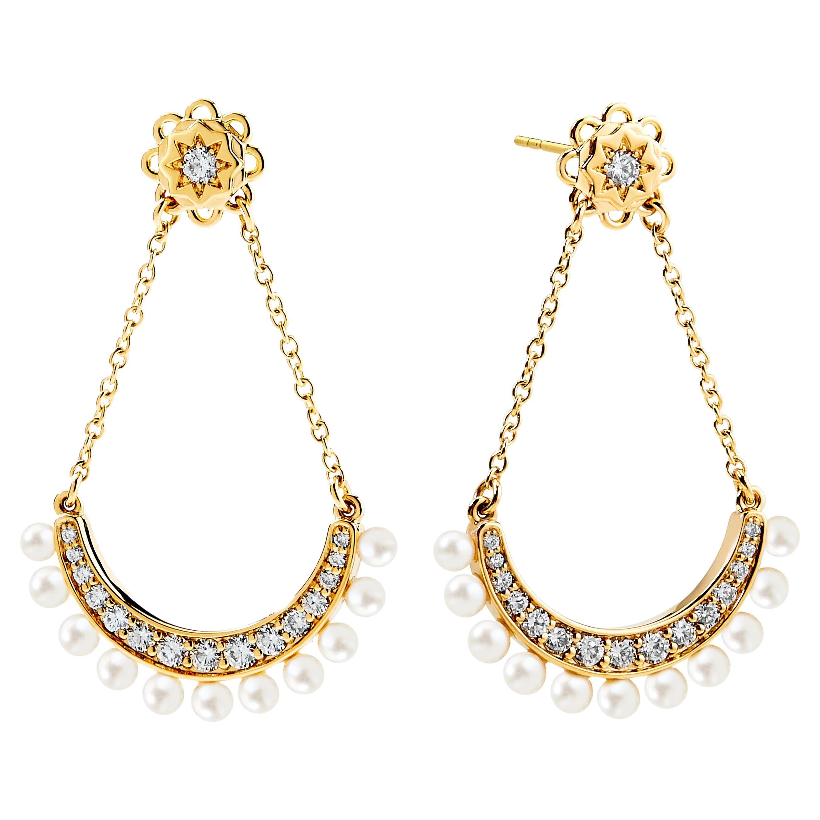 Boucles d'oreilles Syna en or jaune et perles avec diamants