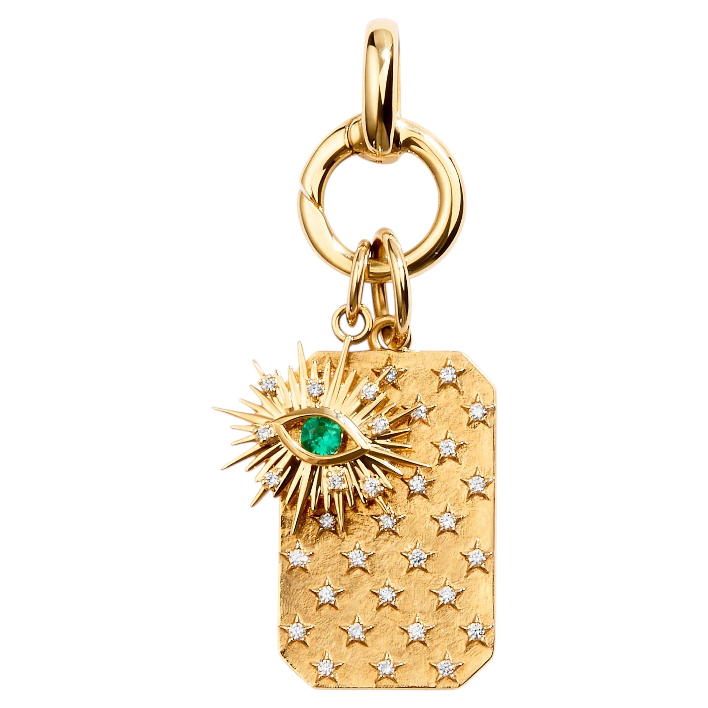 Syna Yellow Gold Pendant with Emerald Evil Eye, Starspell Dogtag and Diamonds For Sale