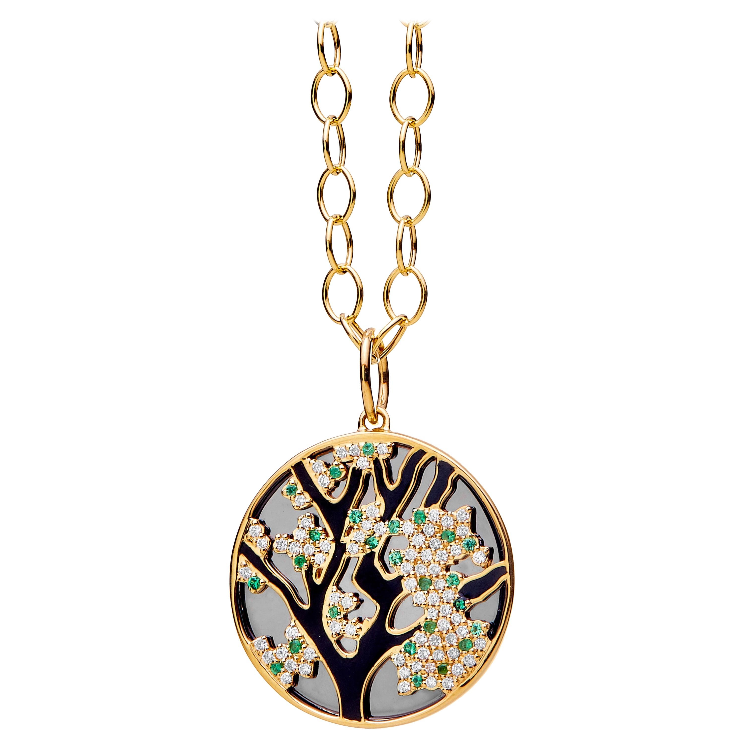Syna Yellow Gold Pendant with Emeralds, Black Enamel and Diamonds For Sale