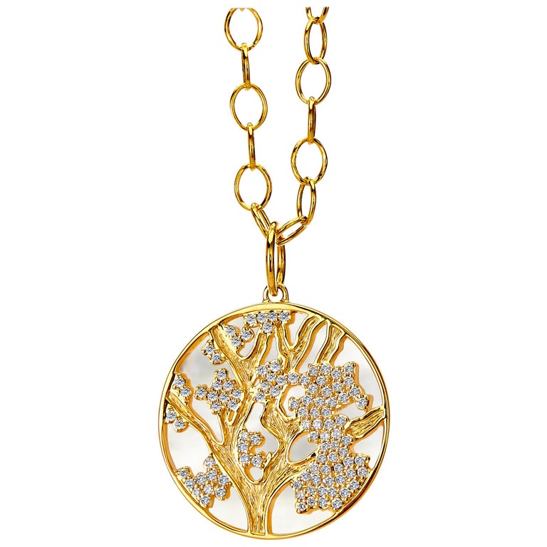 Syna Yellow Gold Pendant with Mother of Pearl and Champagne Diamonds For Sale