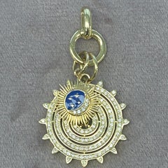 Syna Yellow Gold Pendant with Sun, Moon & Stars Charm with Blue Enamel & Diamond