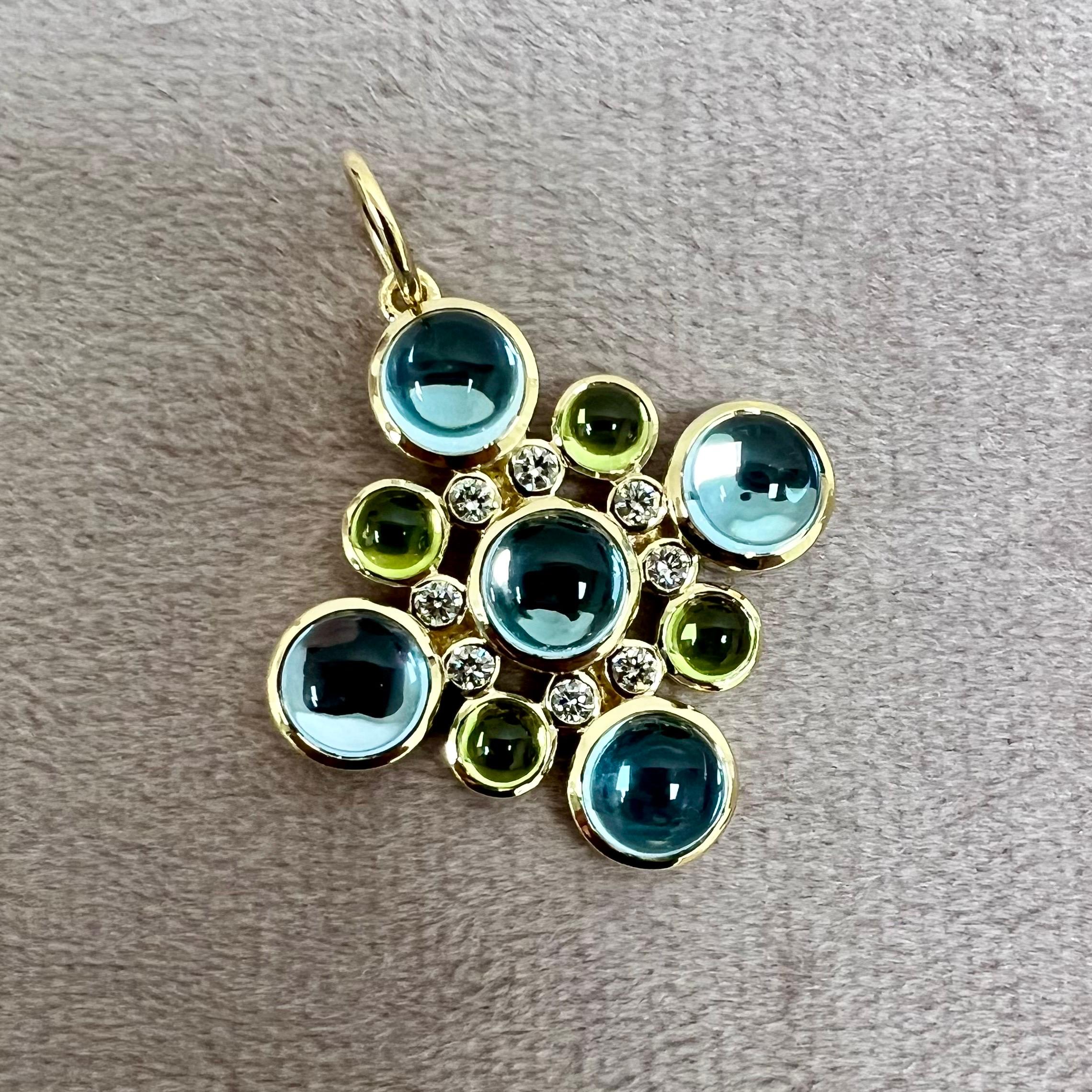 Contemporary Syna Yellow Gold Peridot and Blue Topaz Pendant with Diamonds