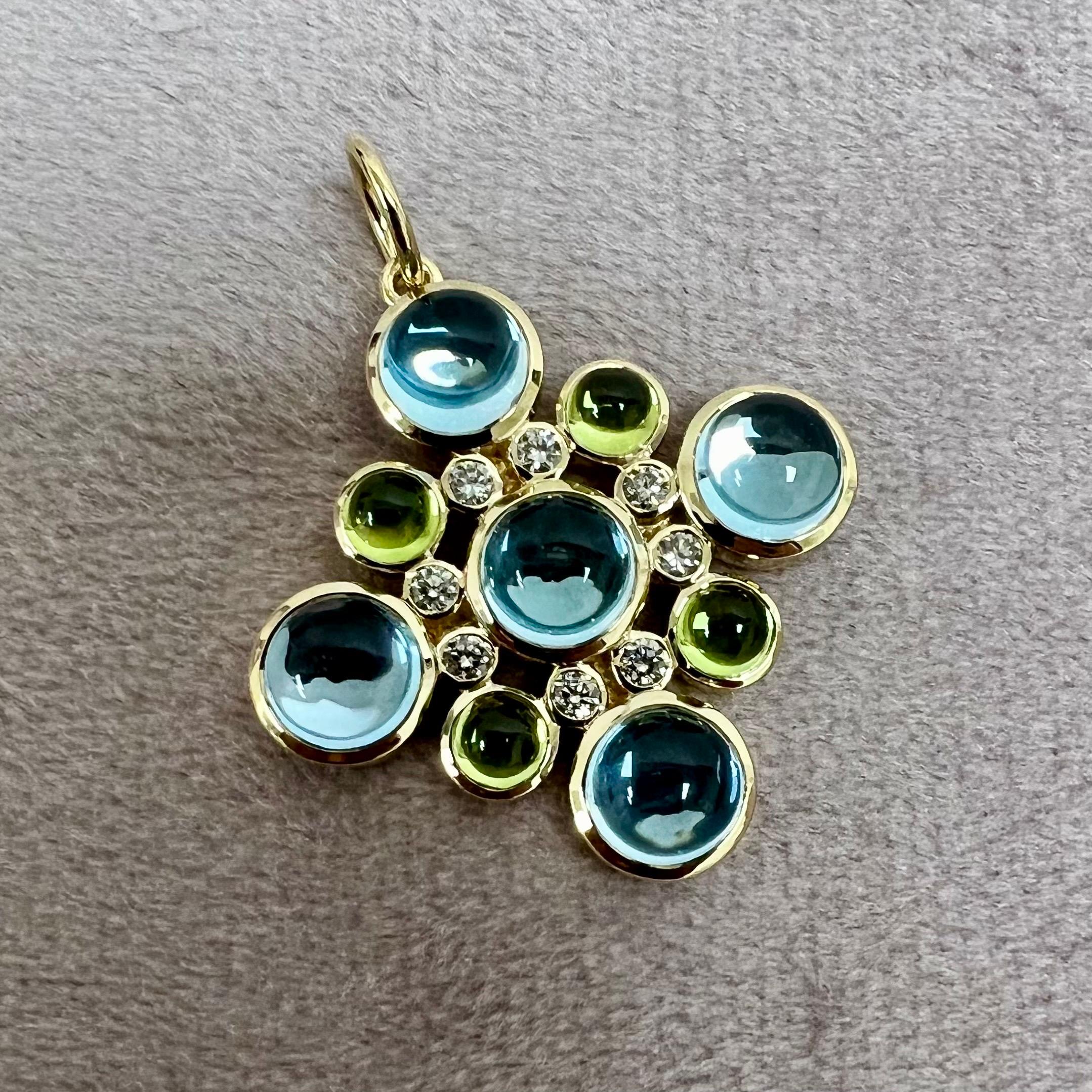 Syna Yellow Gold Peridot and Blue Topaz Pendant with Diamonds In New Condition In Fort Lee, NJ