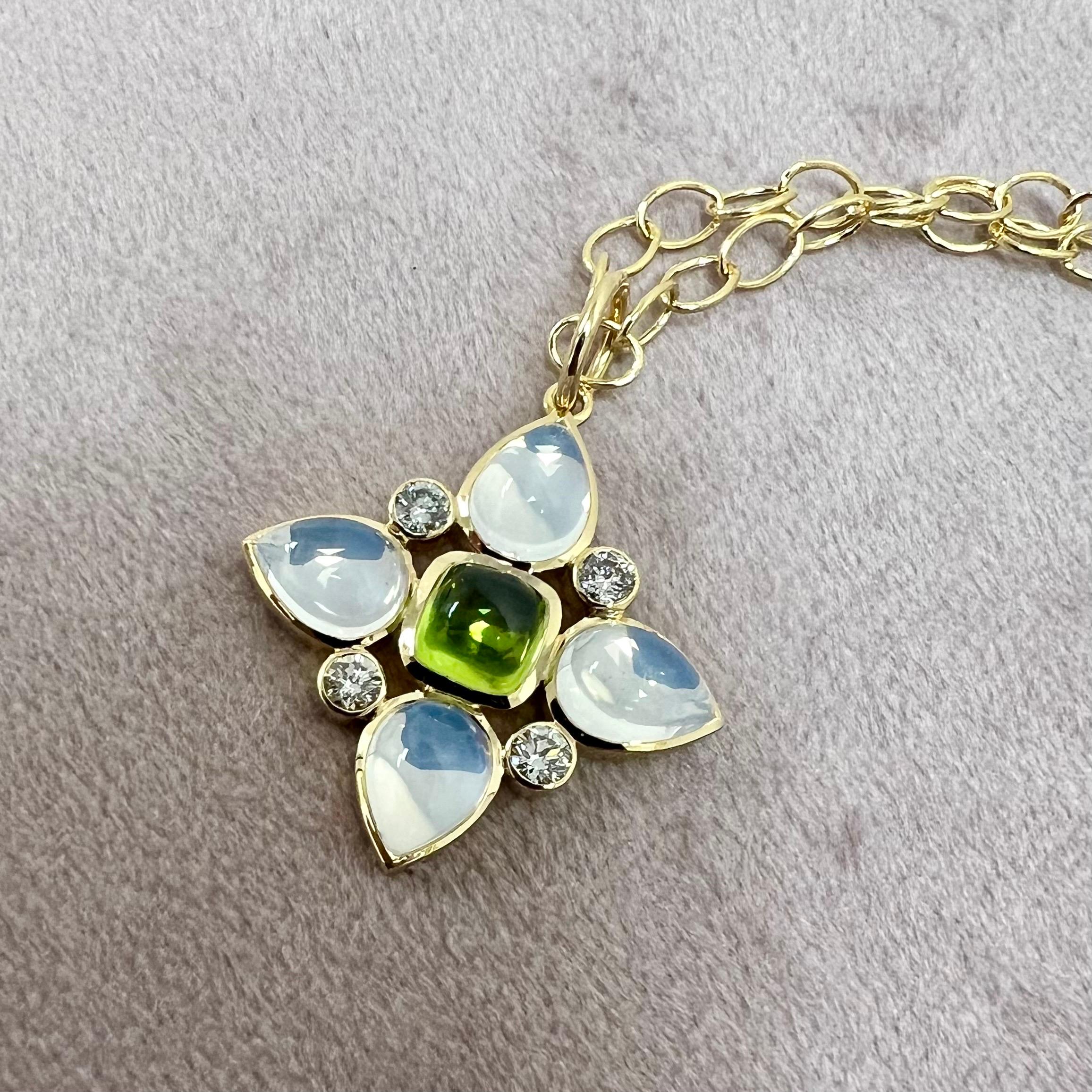 Contemporary Syna Yellow Gold Peridot and Moon Quartz Flower Pendant with Diamonds For Sale