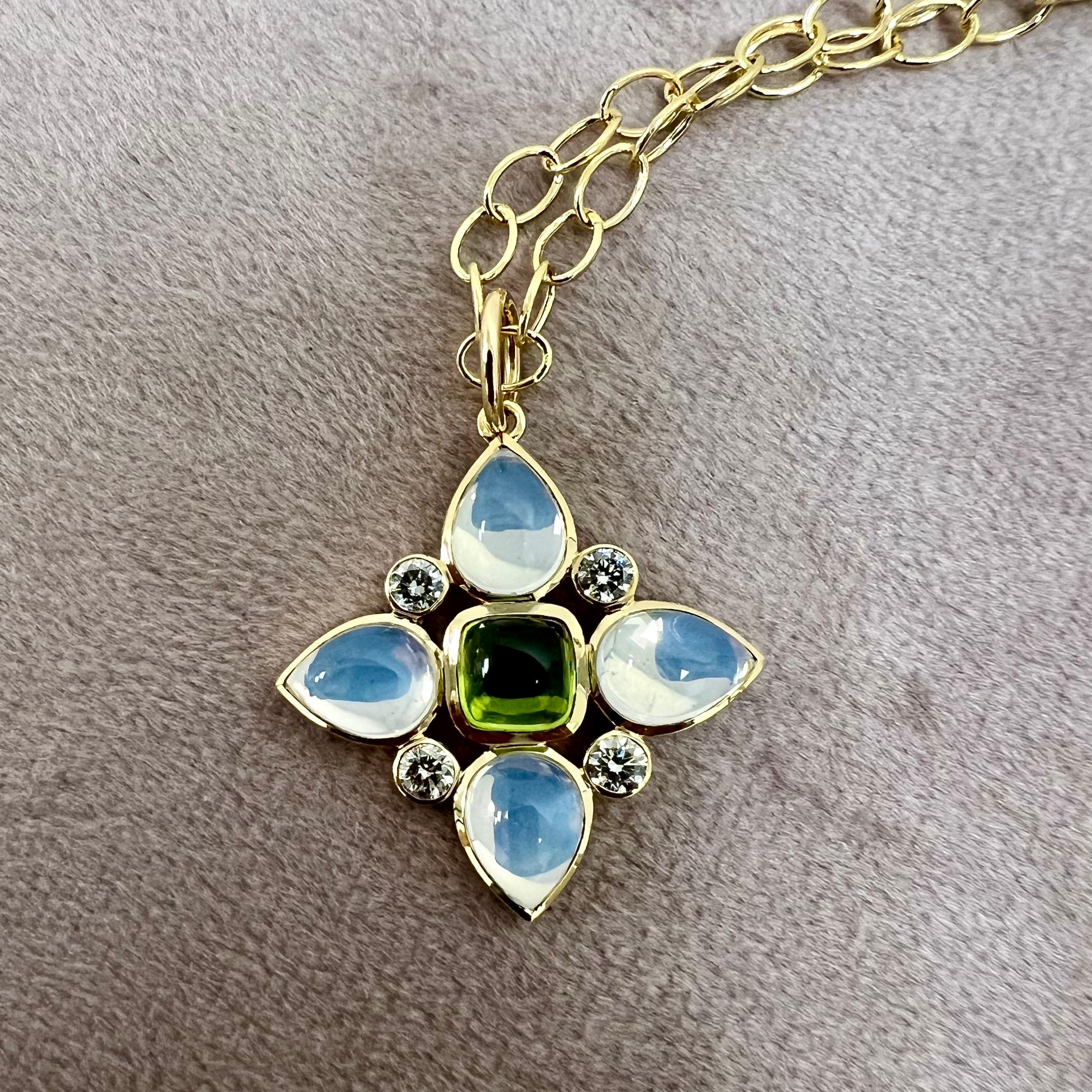 Mixed Cut Syna Yellow Gold Peridot and Moon Quartz Flower Pendant with Diamonds For Sale
