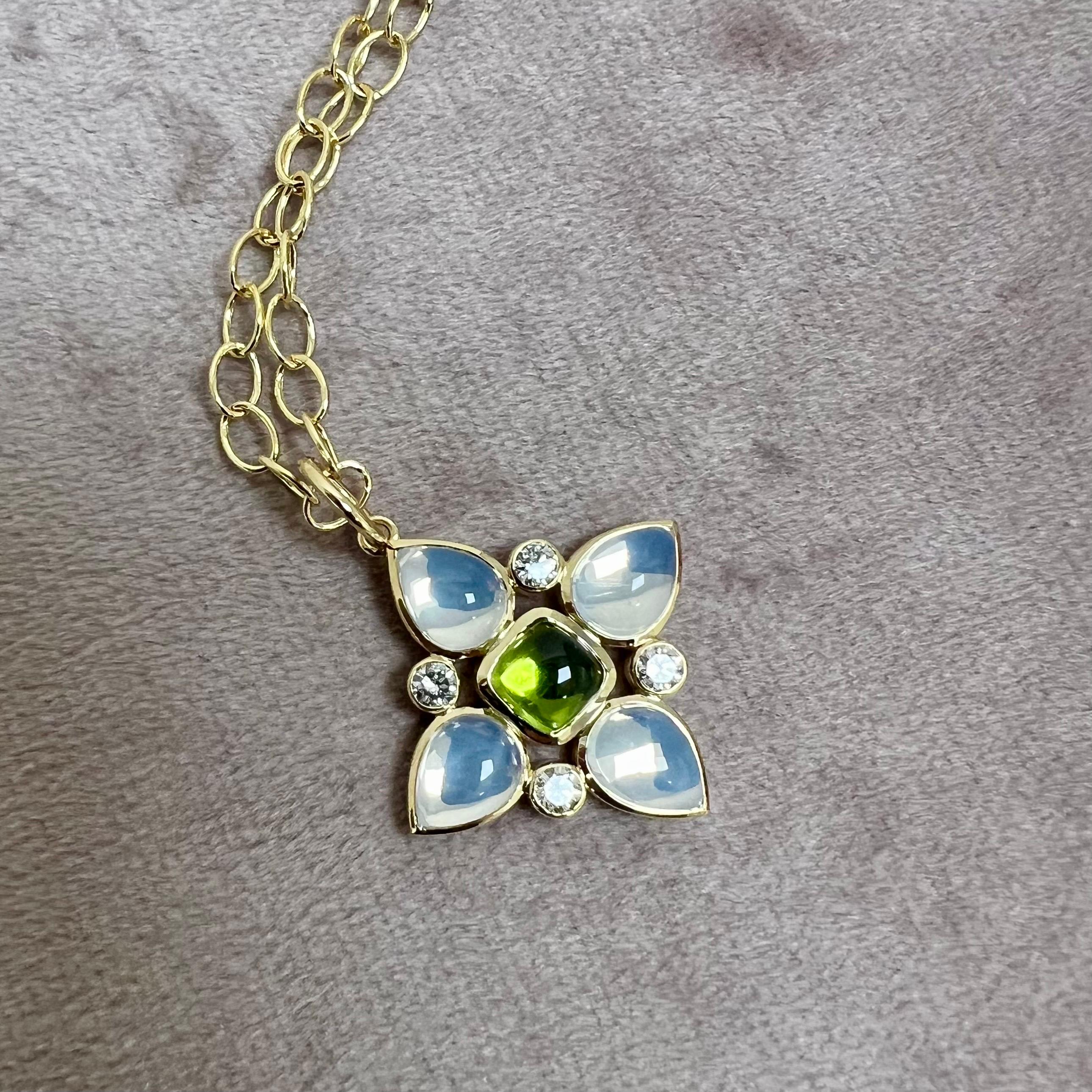 Syna Yellow Gold Peridot and Moon Quartz Flower Pendant with Diamonds In New Condition For Sale In Fort Lee, NJ