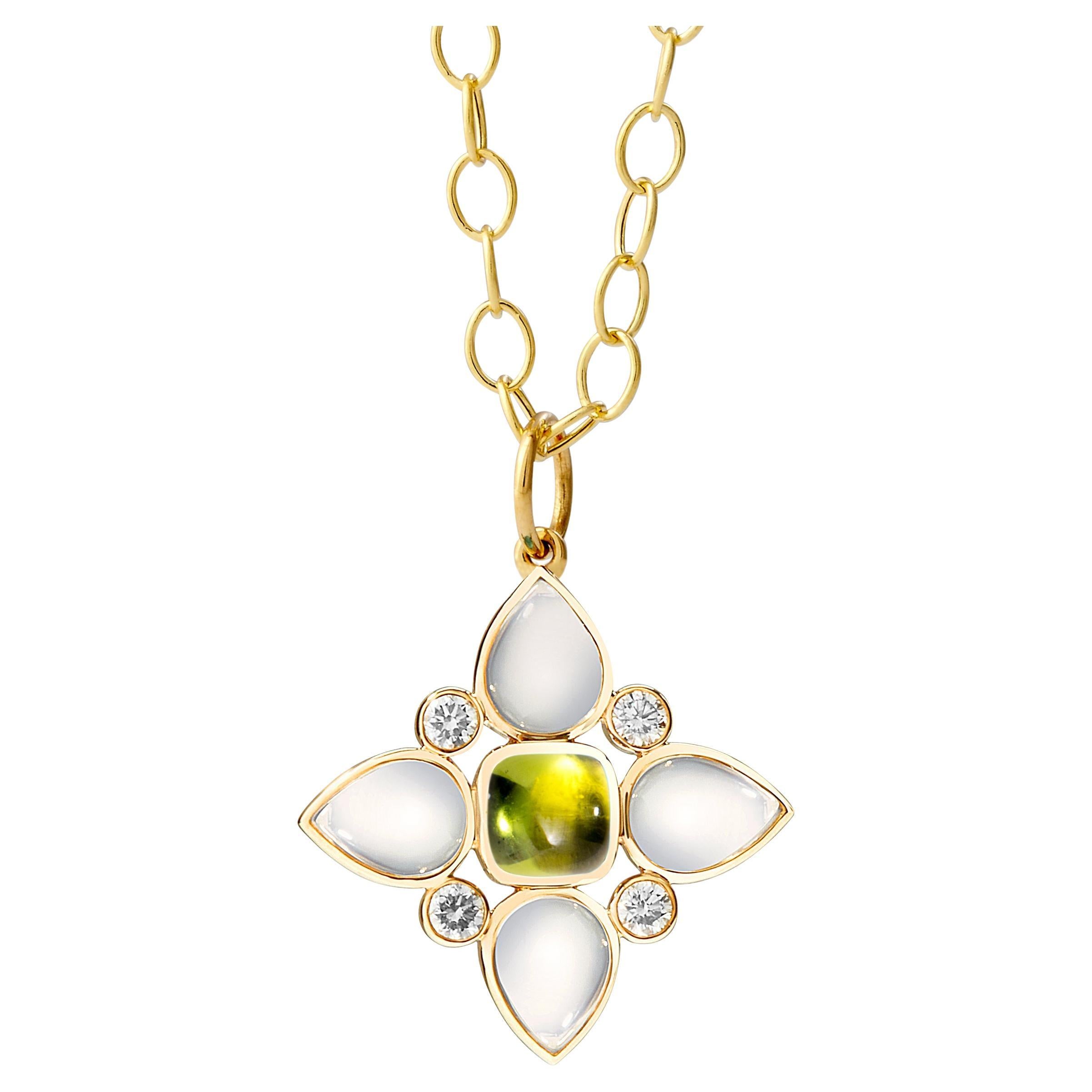 Syna Yellow Gold Peridot and Moon Quartz Flower Pendant with Diamonds For Sale