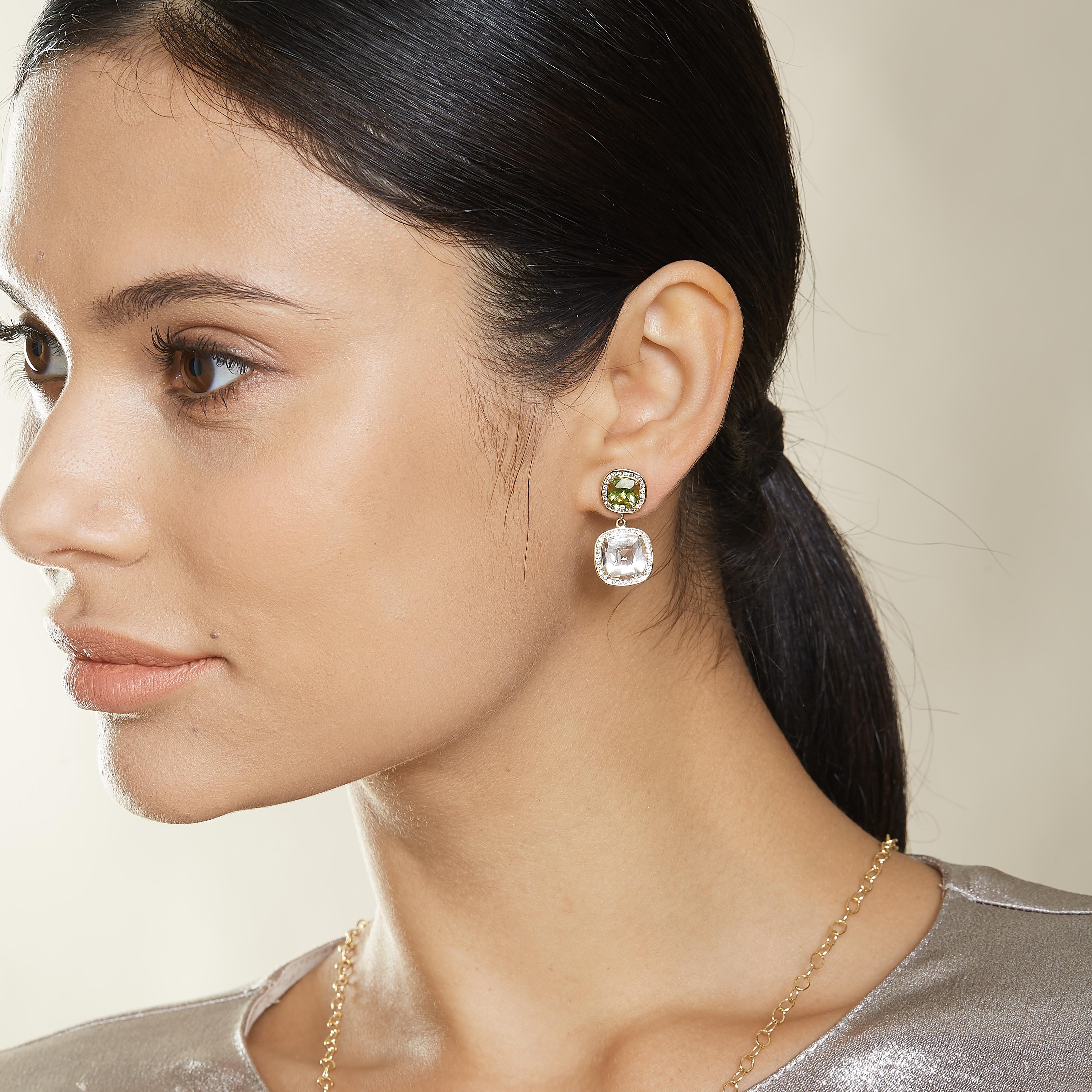 Created in 18kyg
Peridot cushions 2.5 cts approx
Rock crystal cushions 8 cts approx
Diamonds 0.60 cts approx
Limited edition

Elevate your look with these limited-edition Candy Blue Topaz & Diamond Earrings, created with 18kyg for a timelessly