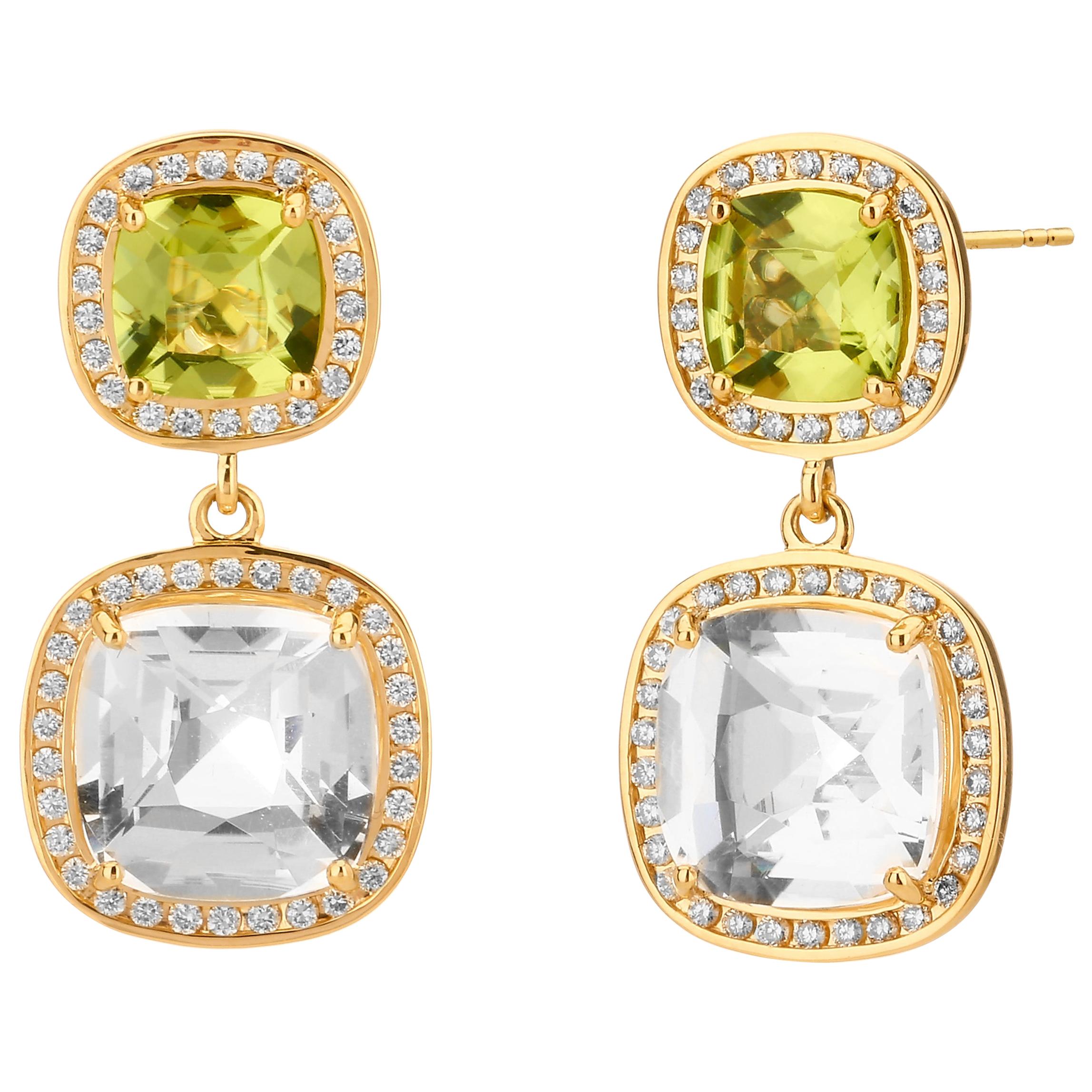 Syna Yellow Gold Peridot and Rock Crystal Champagne Diamond Earrings