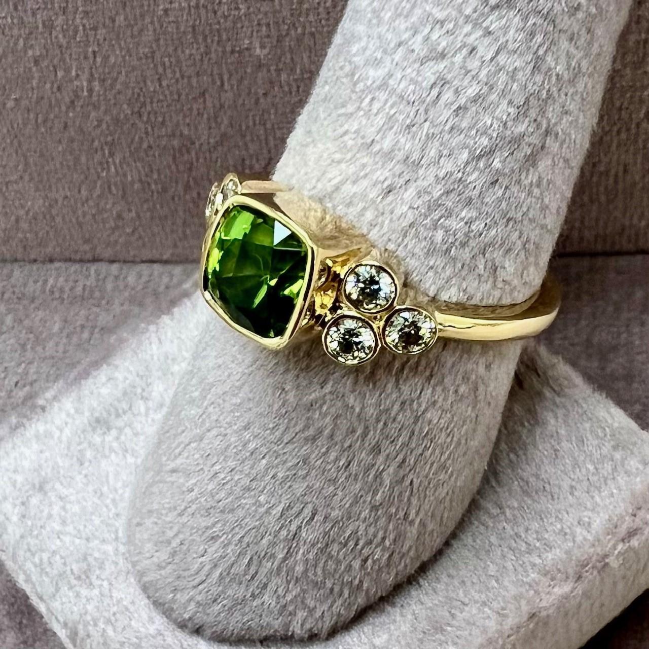 Contemporary Syna Yellow Gold Peridot Cushion Ring with Diamonds For Sale