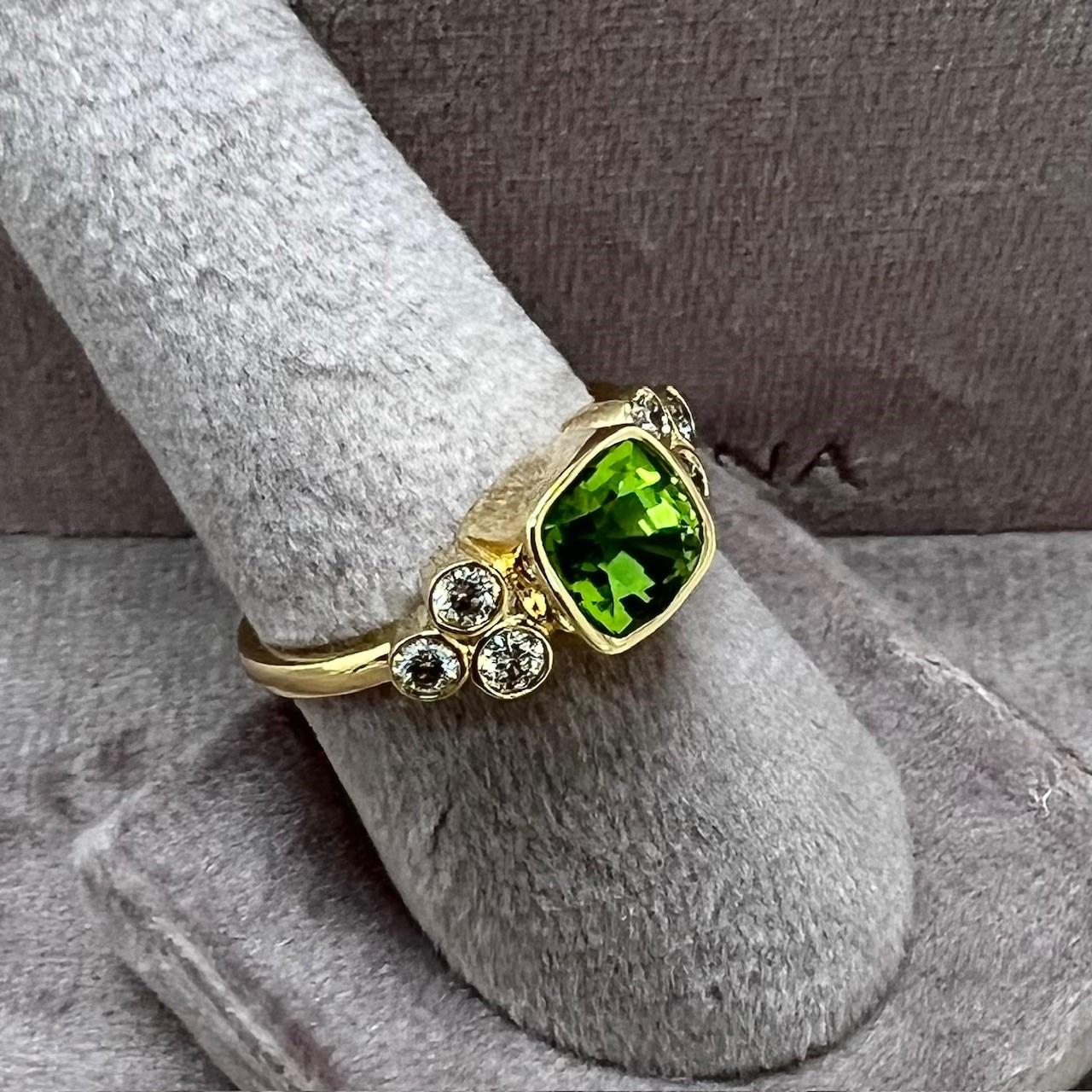Mixed Cut Syna Yellow Gold Peridot Cushion Ring with Diamonds For Sale