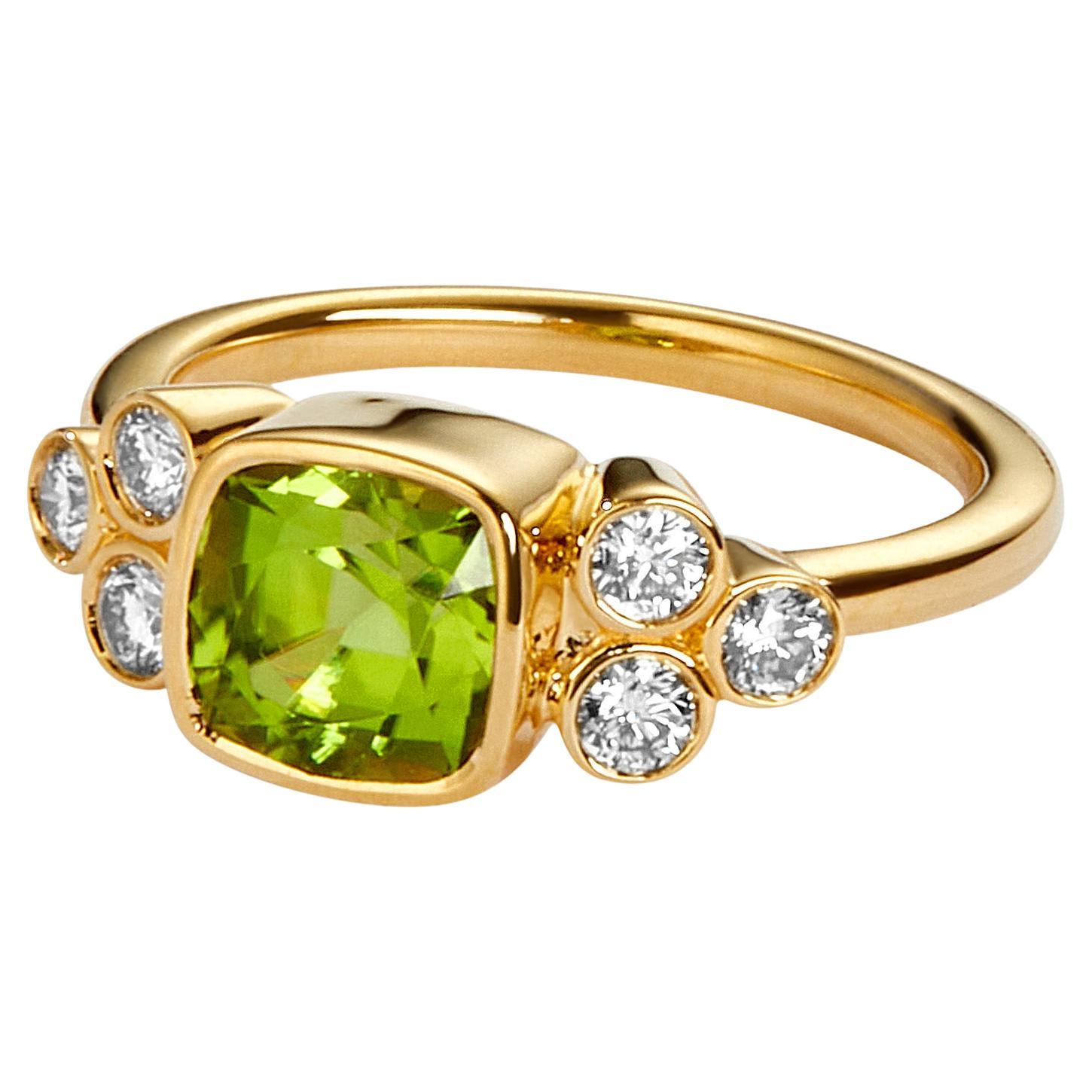 Syna Yellow Gold Peridot Cushion Ring with Diamonds For Sale