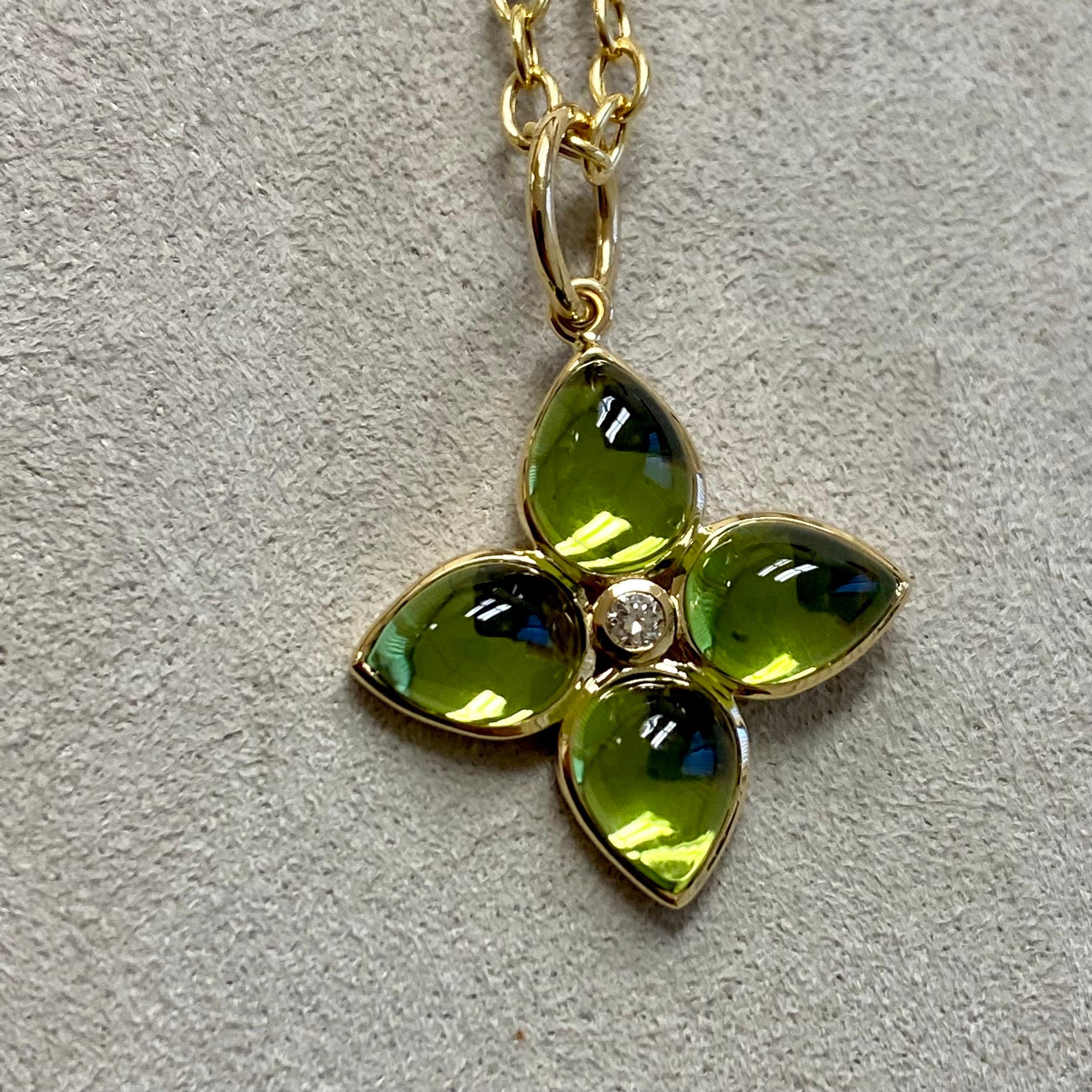 Pear Cut Syna Yellow Gold Peridot Flower Pendant with Champagne Diamond For Sale