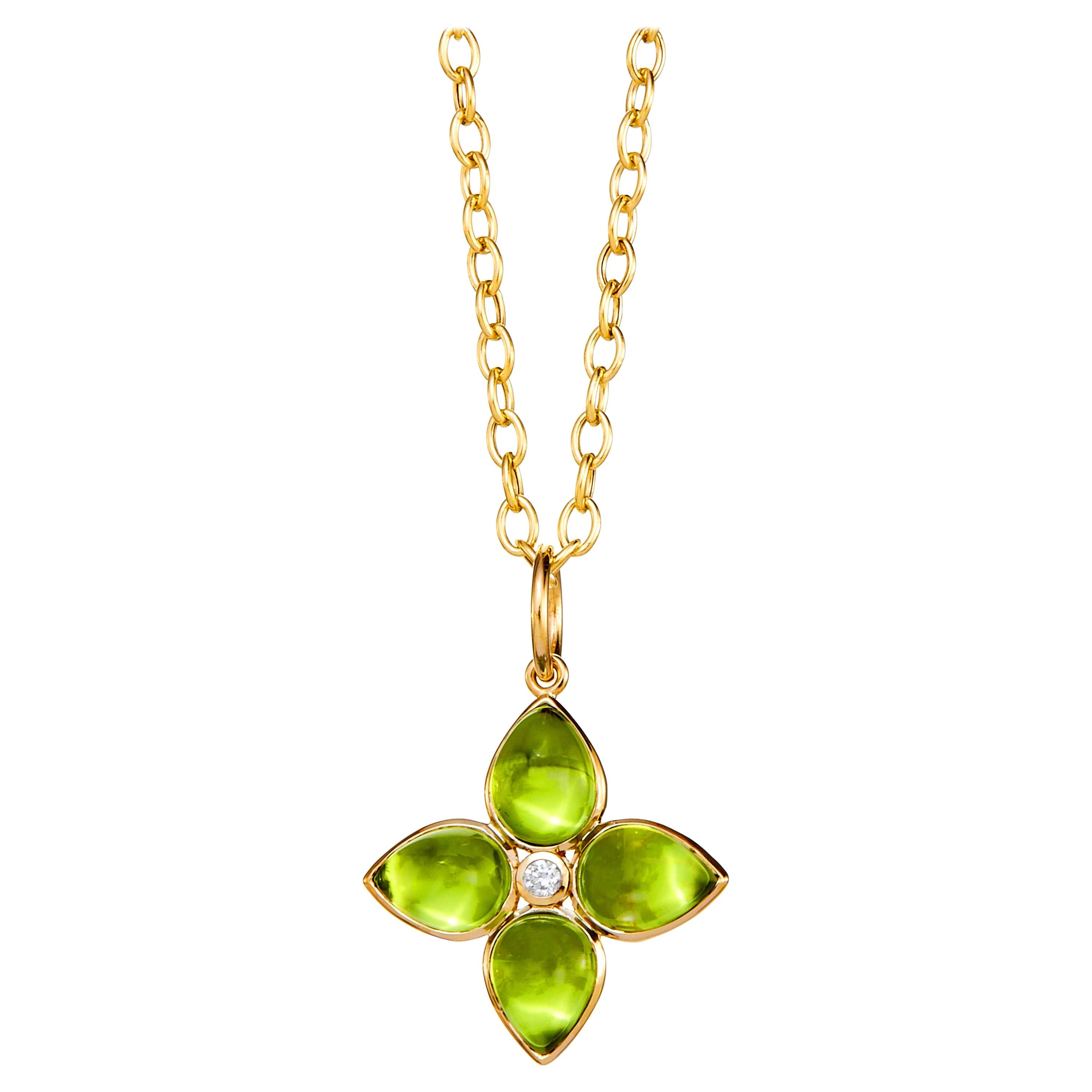 Syna Yellow Gold Peridot Flower Pendant with Champagne Diamond For Sale