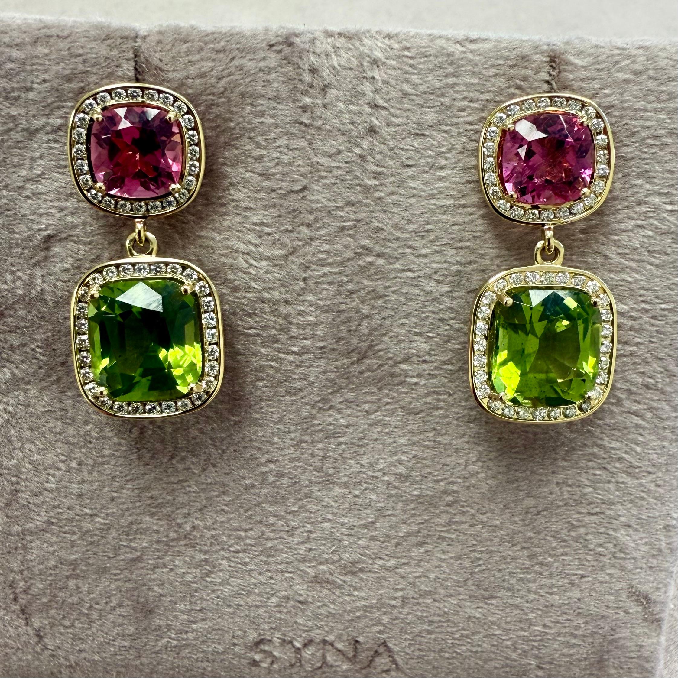 Contemporain Boucles d'oreilles péridot, tourmaline rose et diamants en or jaune Syna en vente