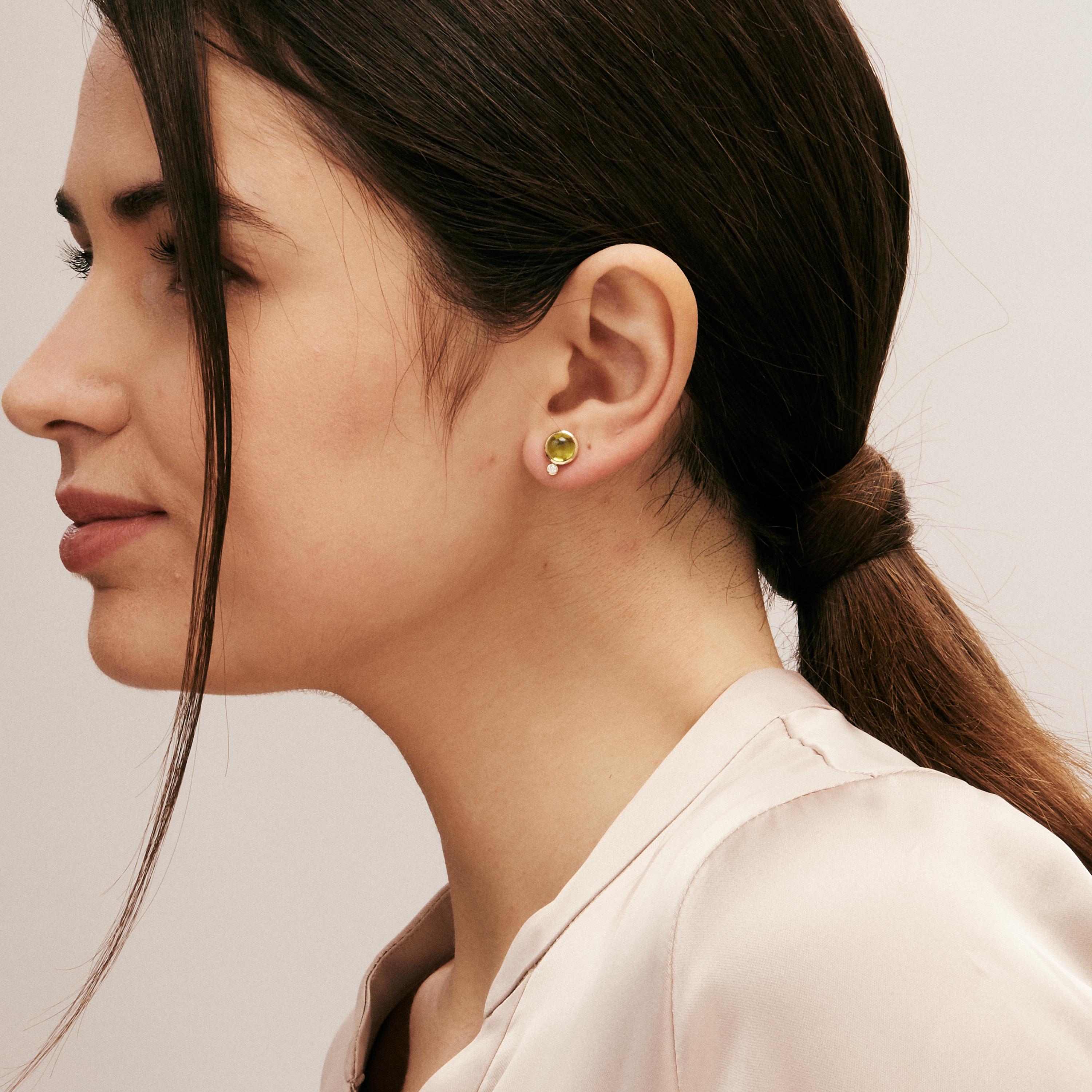 Contemporary Syna Yellow Gold Peridot Studs with Diamonds For Sale