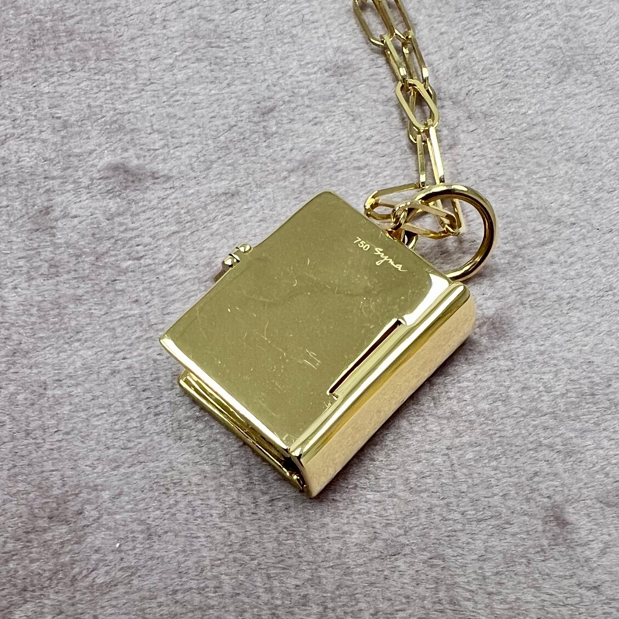 Round Cut Syna Yellow Gold Photo Book Locket Pendant with Diamonds For Sale