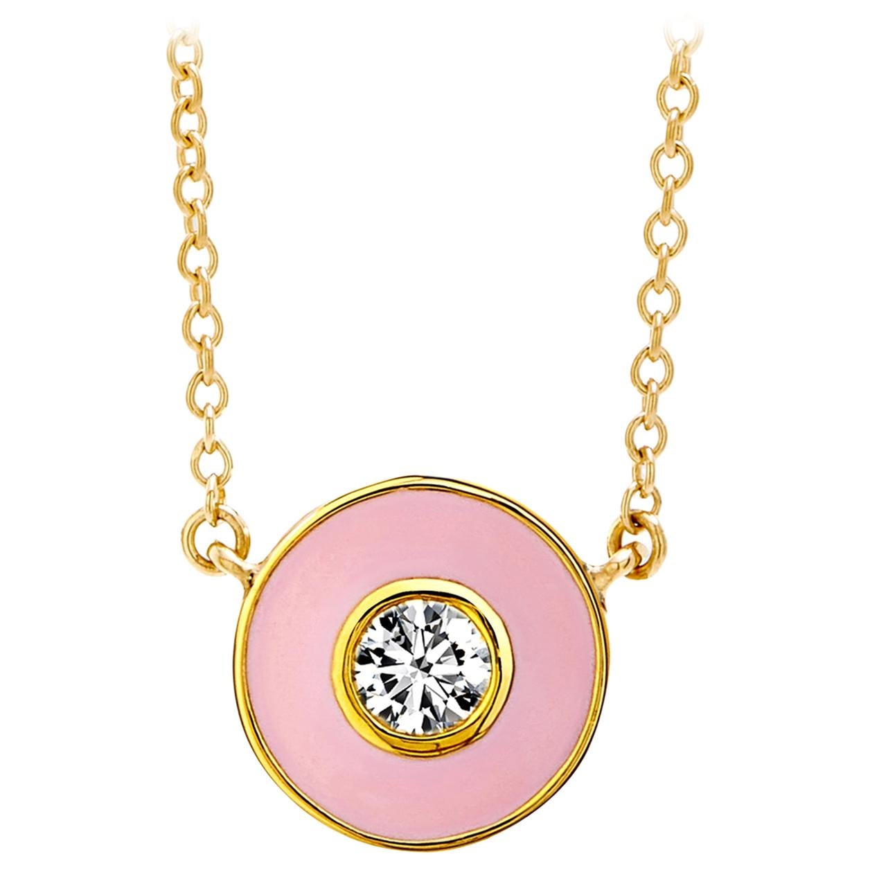 Syna Yellow Gold Pink Enamel Necklace with Diamond For Sale