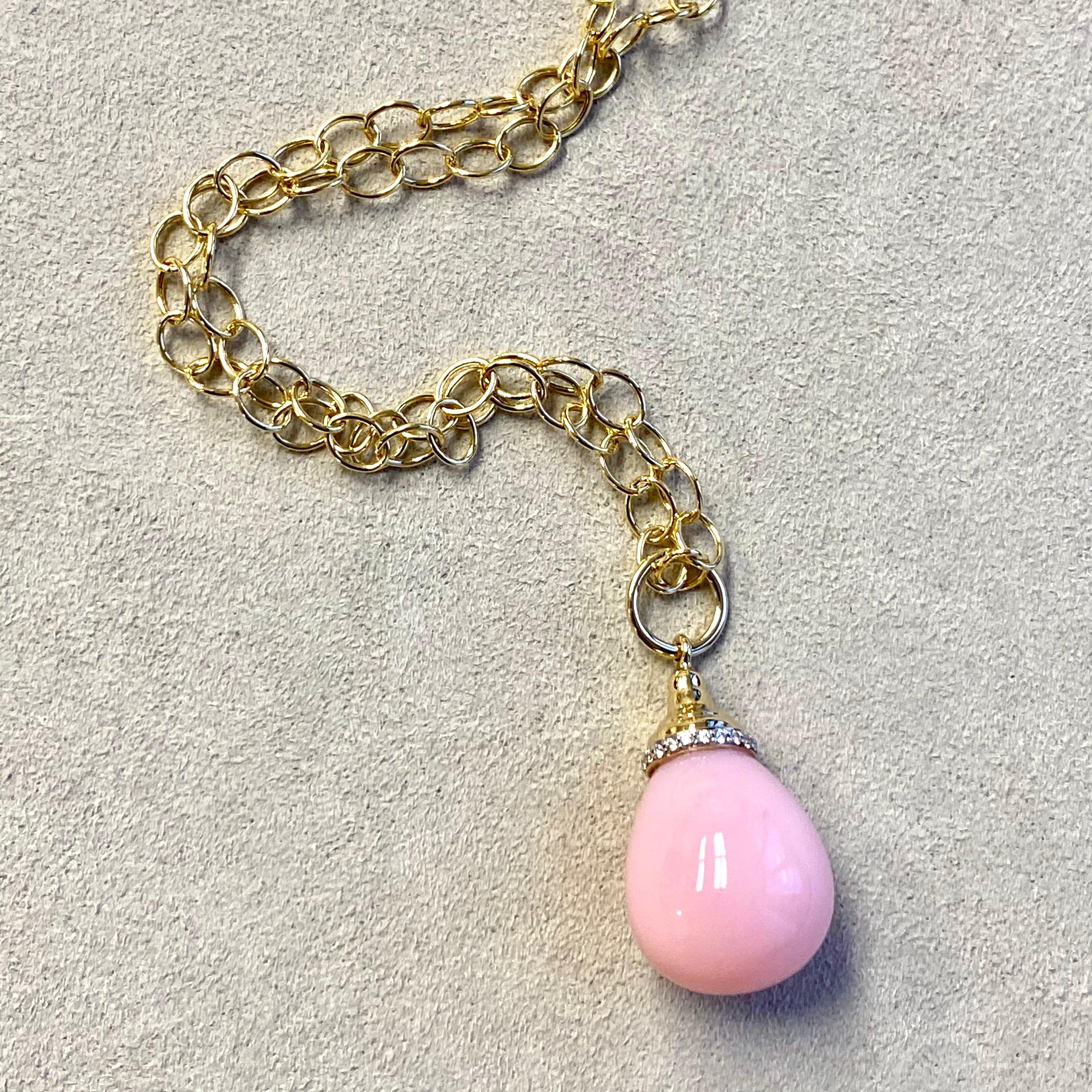 Contemporary Syna Yellow Gold Pink Opal Drop Pendant with Diamonds For Sale