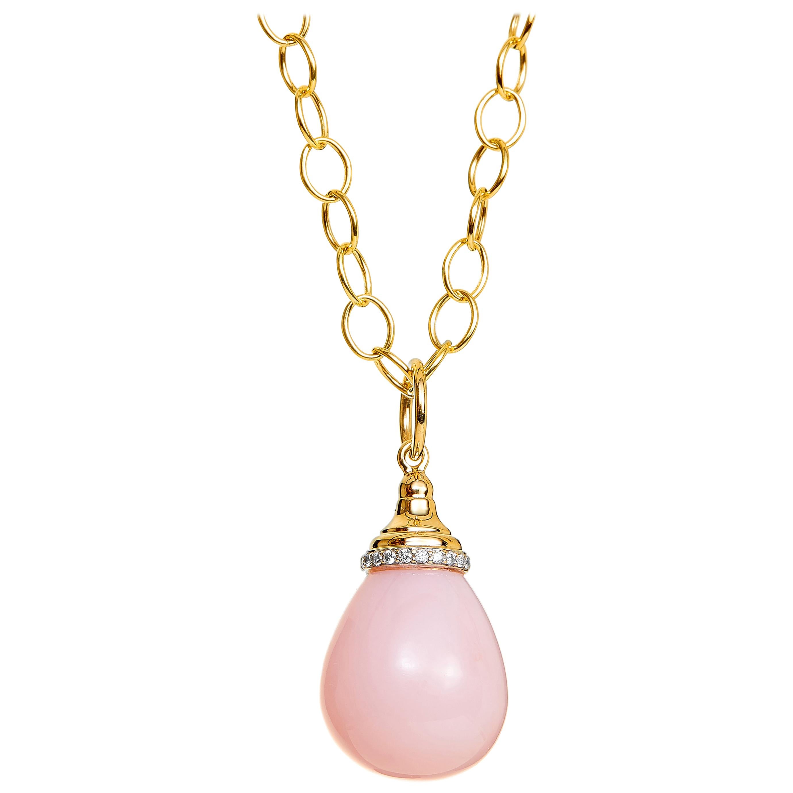 Syna Yellow Gold Pink Opal Drop Pendant with Diamonds For Sale