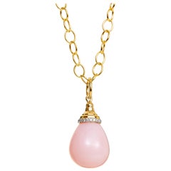Syna Yellow Gold Pink Opal Drop Pendant with Diamonds
