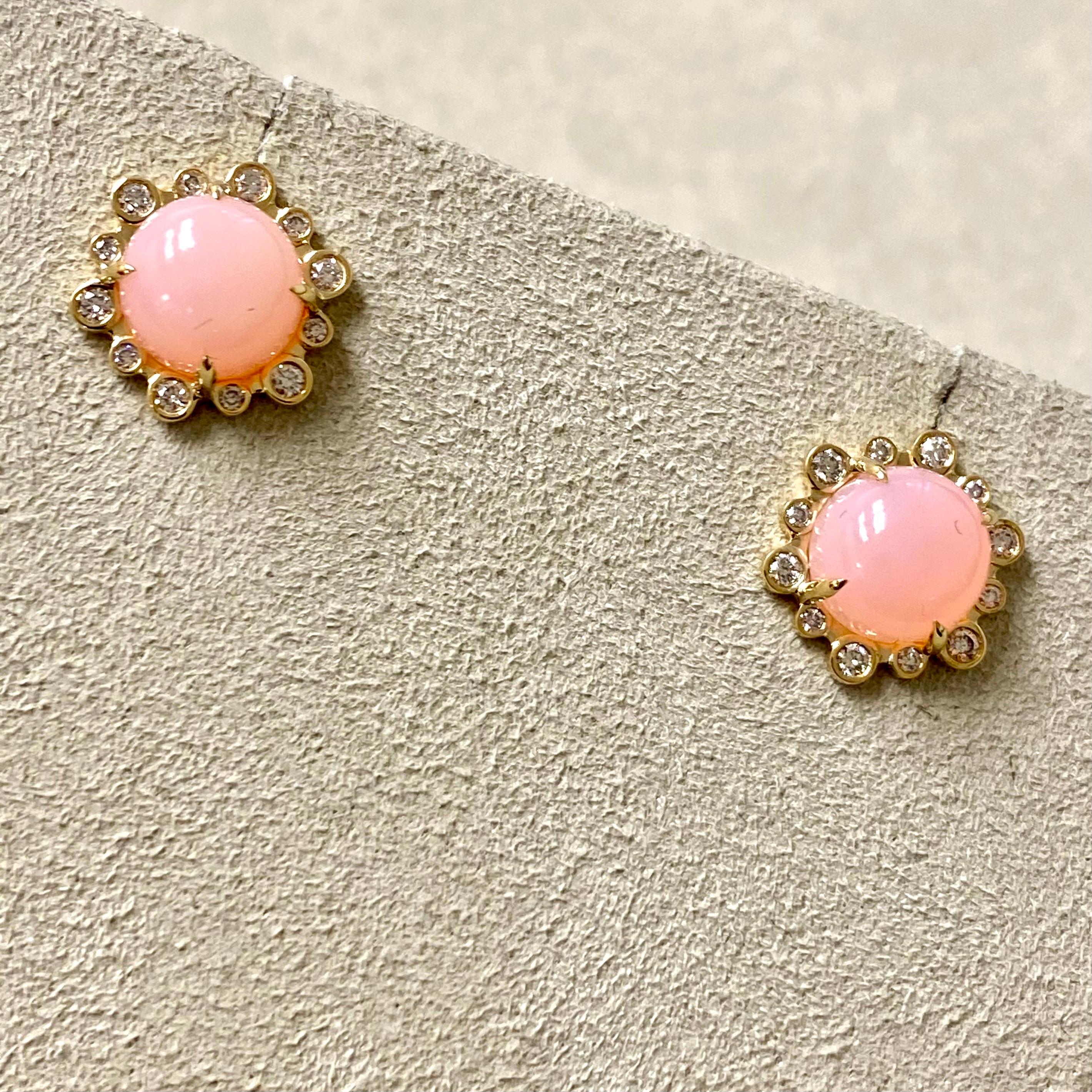 Contemporary Syna Yellow Gold Pink Opal Earrings with Diamonds For Sale