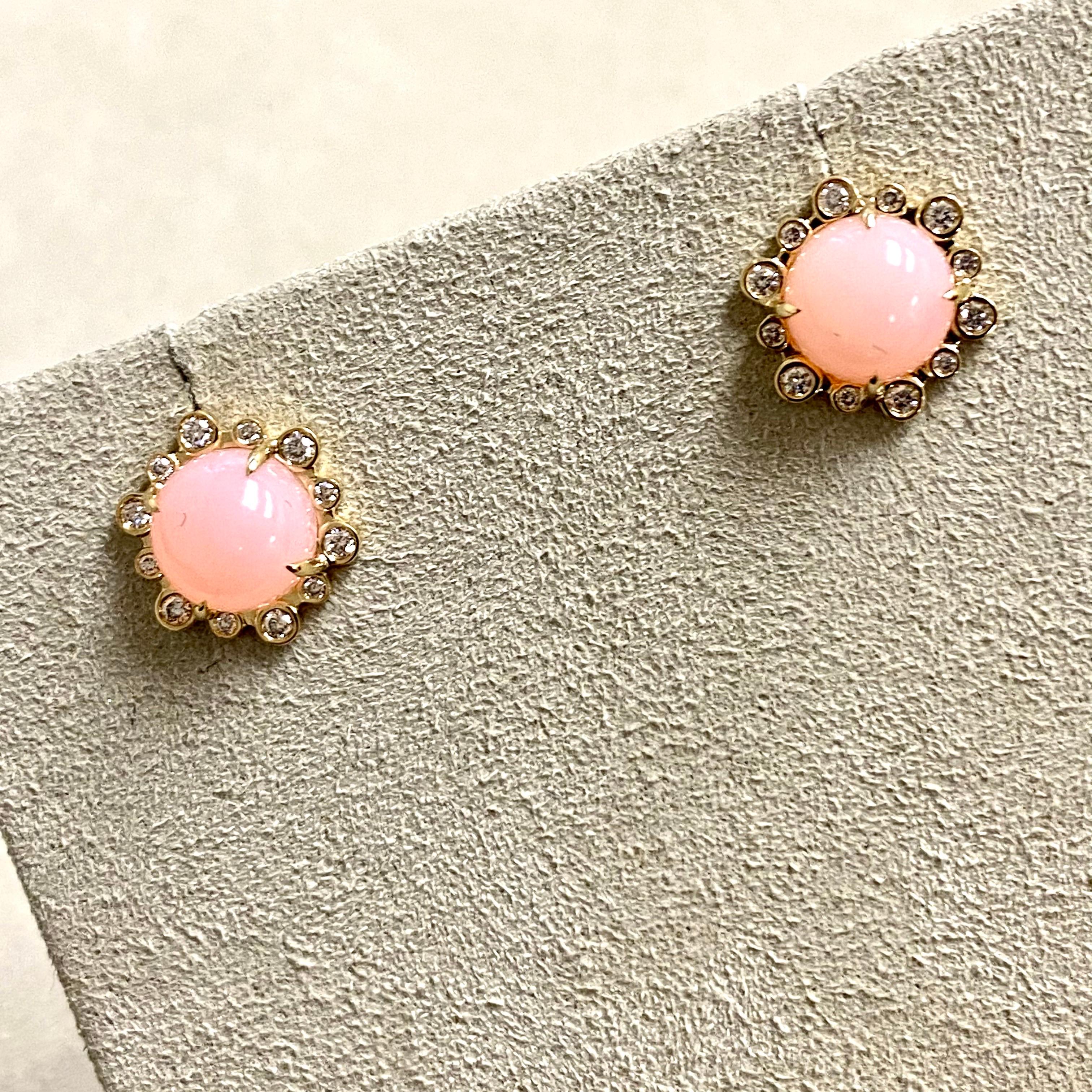 Round Cut Syna Yellow Gold Pink Opal Earrings with Diamonds For Sale