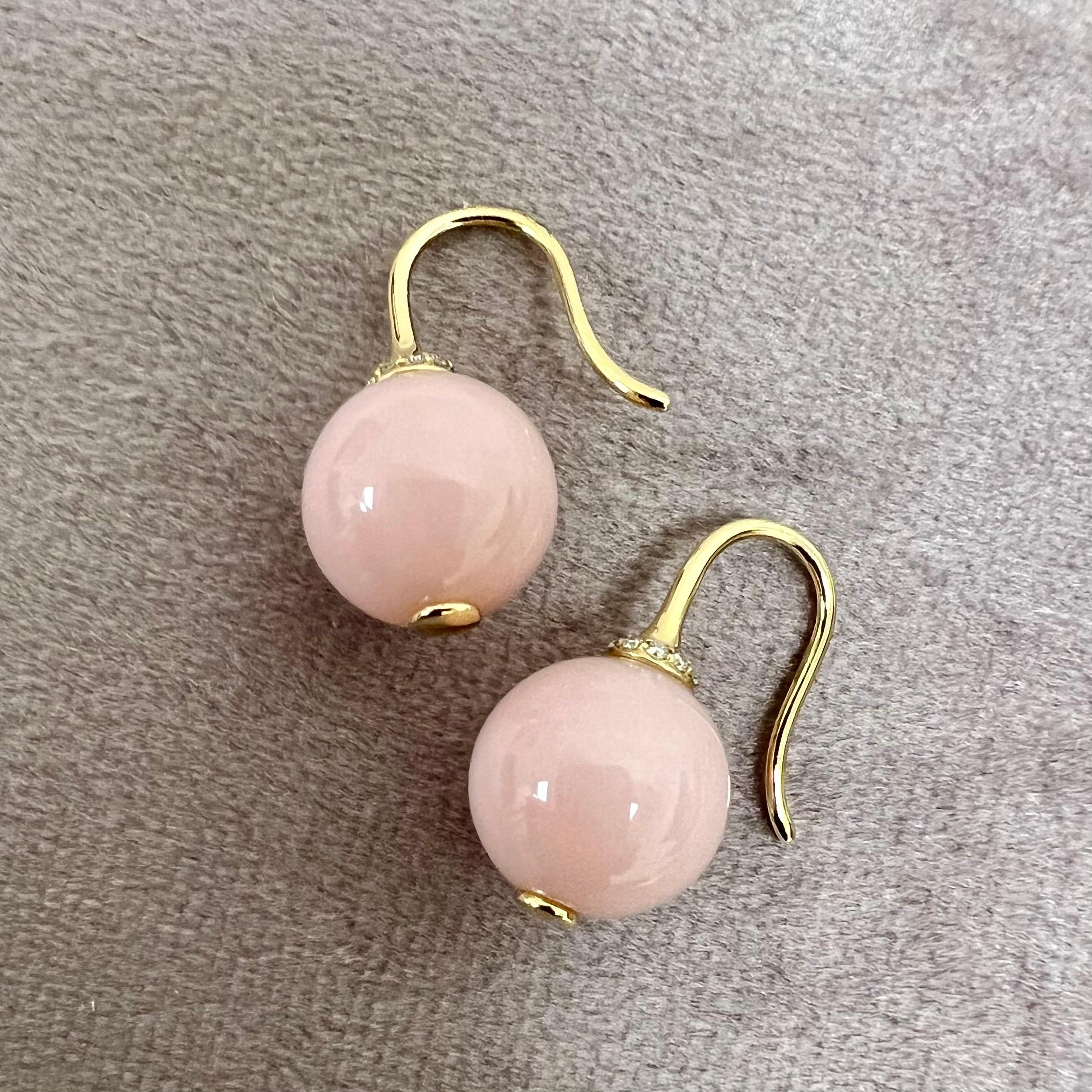 Contemporary Syna Yellow Gold Pink Opal Earrings with Diamonds For Sale