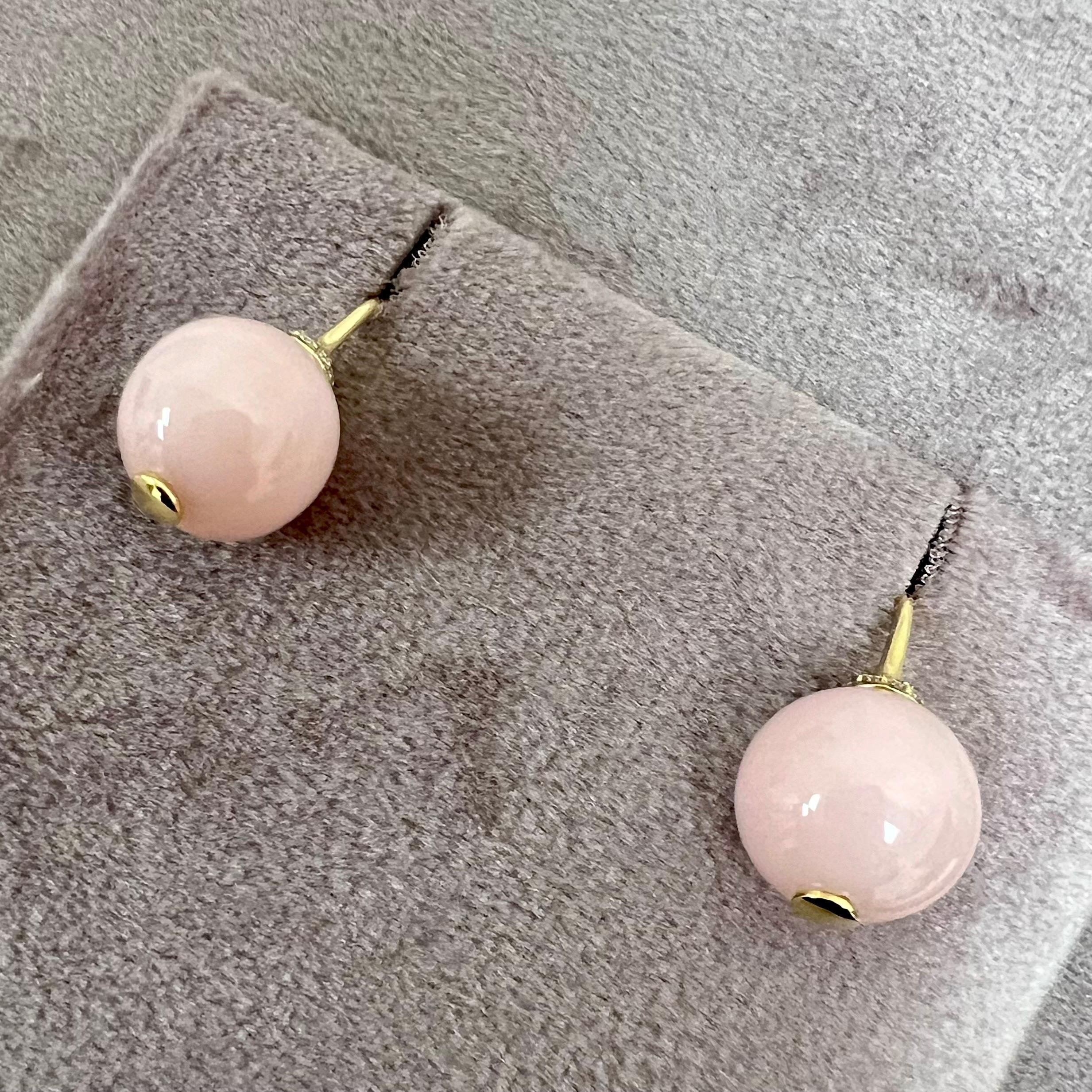 Bead Syna Yellow Gold Pink Opal Earrings with Diamonds For Sale