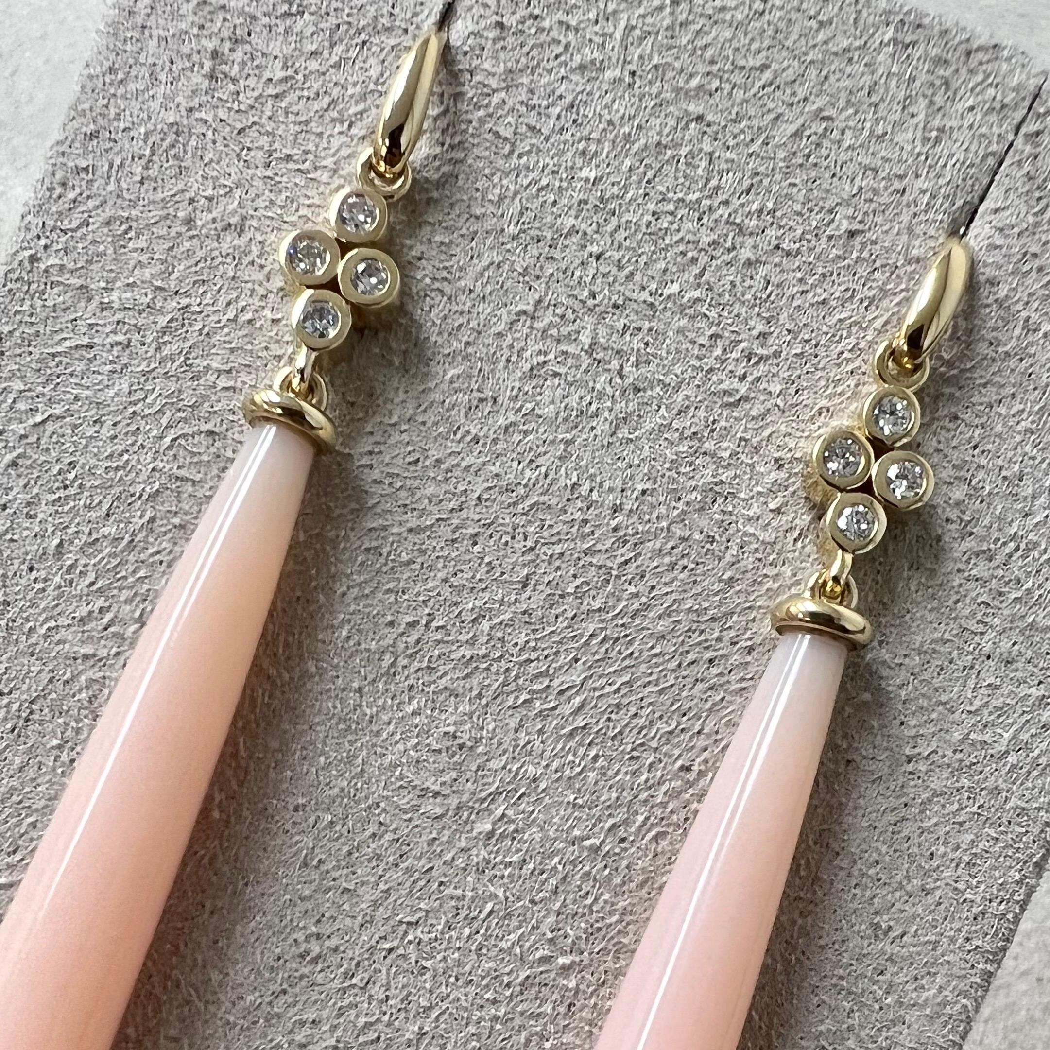 Contemporary Syna Yellow Gold Pink Opal Long Drop Earrings with Diamonds For Sale